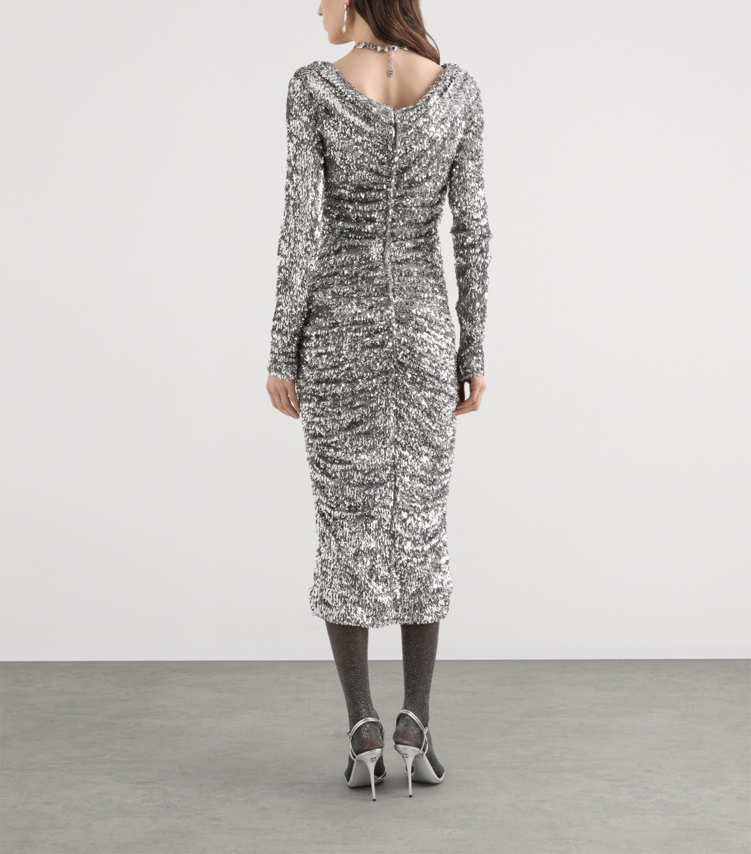Dolce&Gabbana Womens Cotton-Blend Embellished Midi Dress Silv Image 3