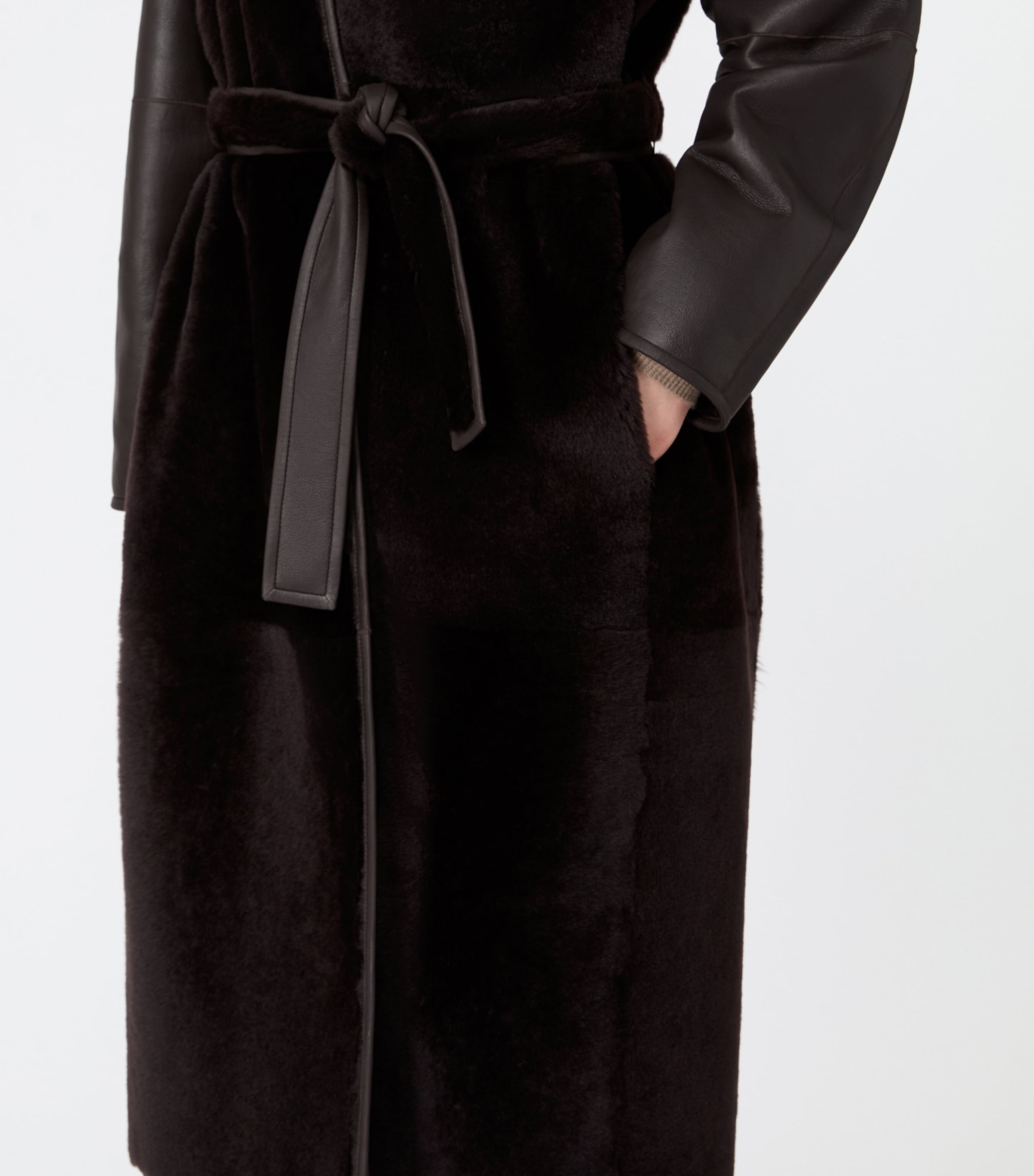 Max Mara Womens Leather-Shearling Belted Longline Coat Dark Brown Image 5