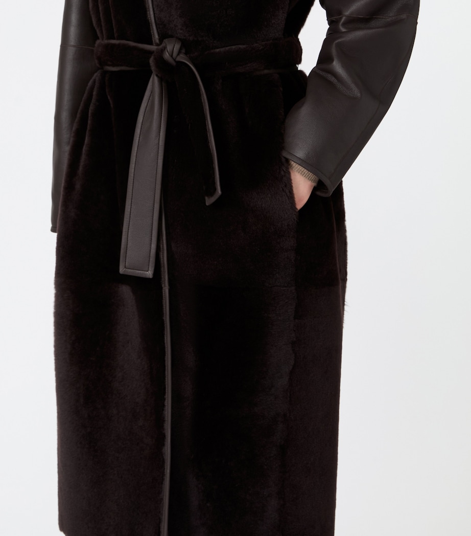 Max Mara Womens Leather-Shearling Belted Longline Coat Dark Brown Image 5