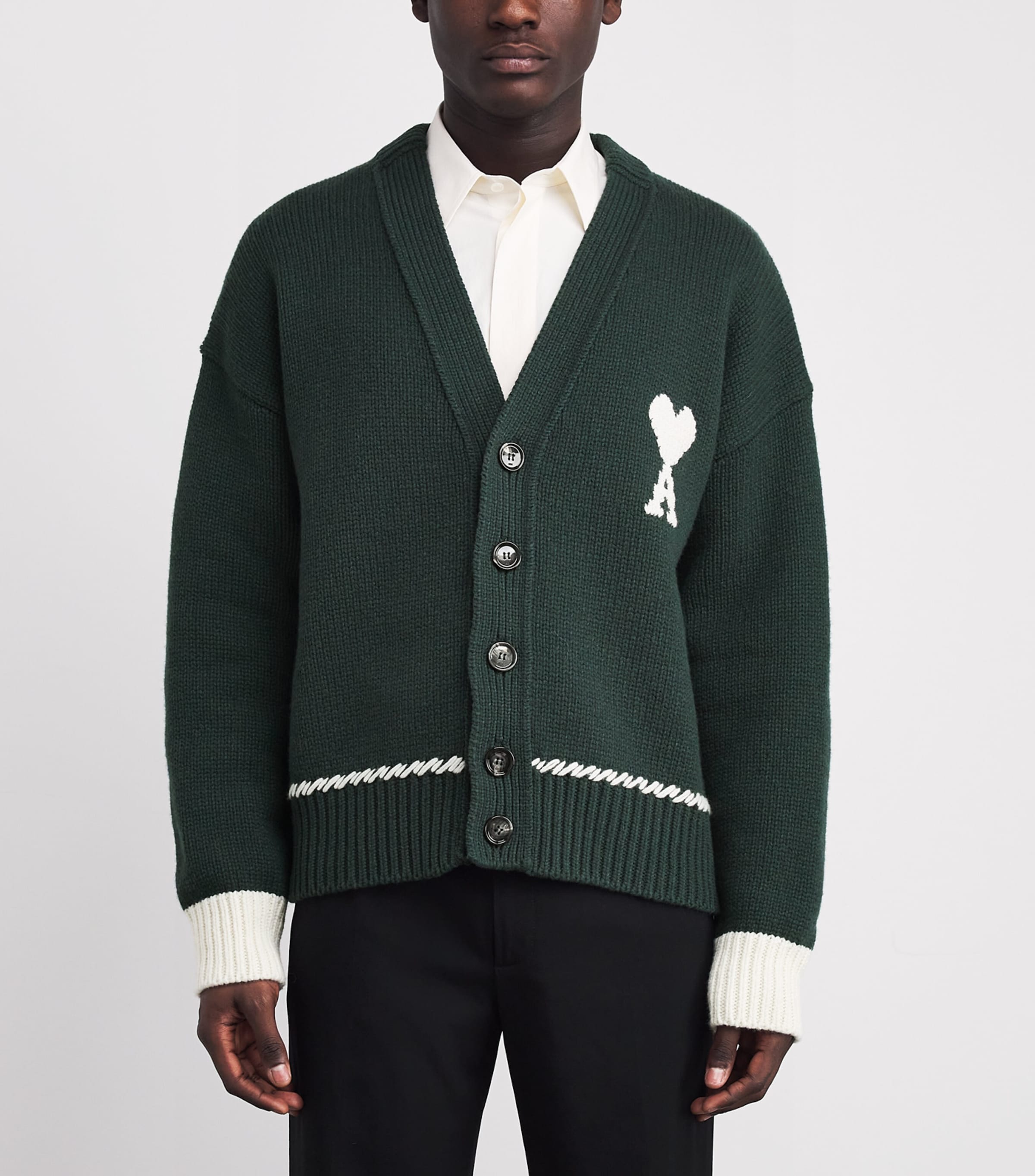 AMI Paris Green Wool-Blend Whipstitch Logo Cardigan | Harrods US