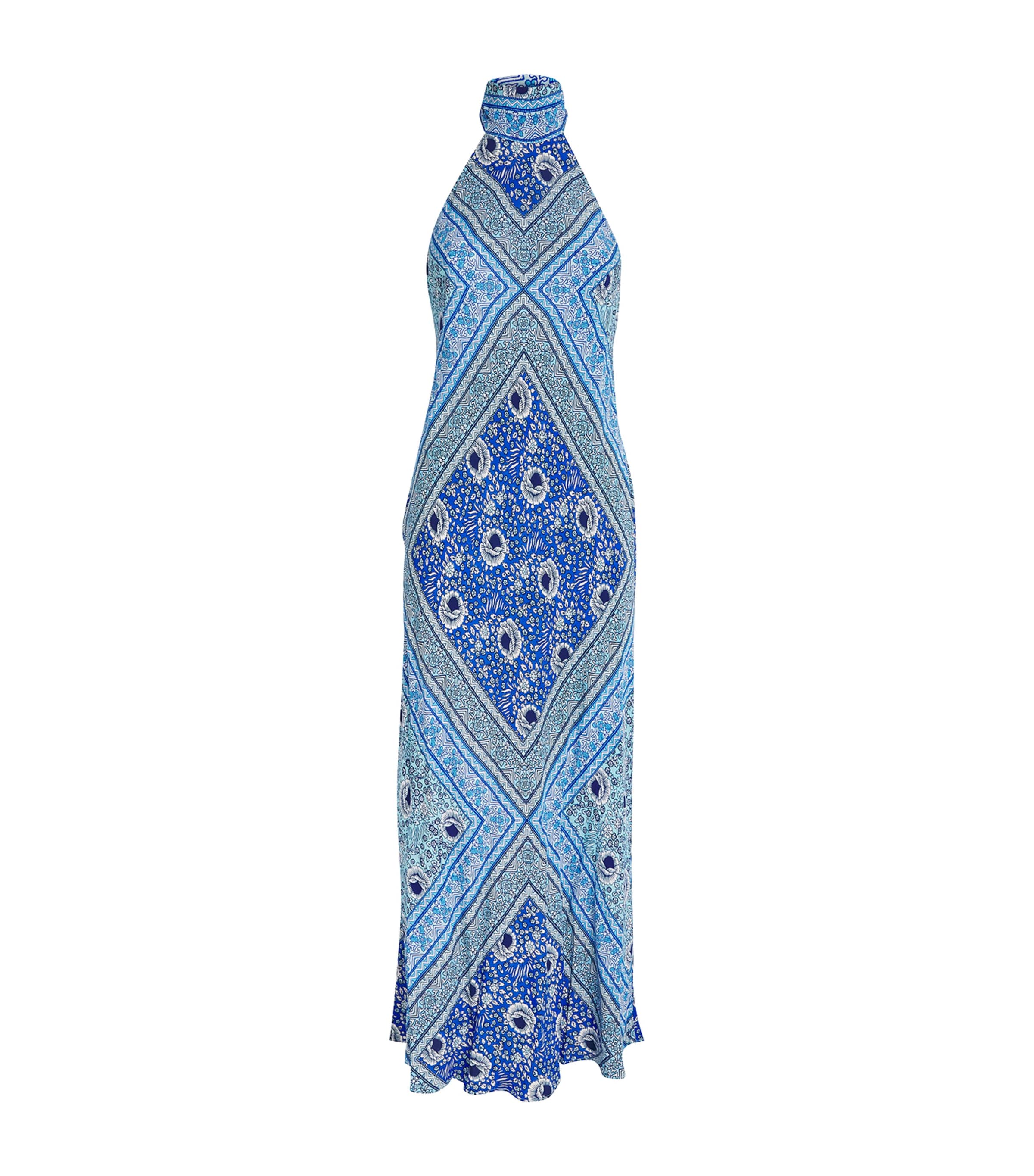 Rixo London Satin Printed Maura Midi Dress In Blue