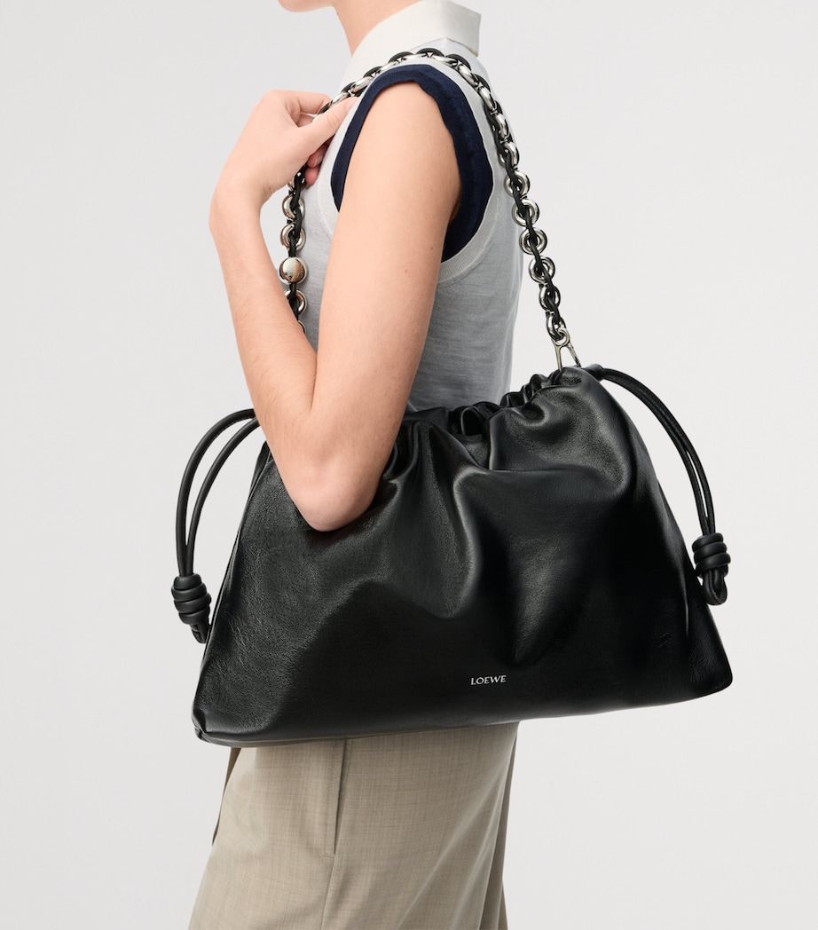 Large Leather Flamenco Purse Shoulder Bag BLACK Image 12