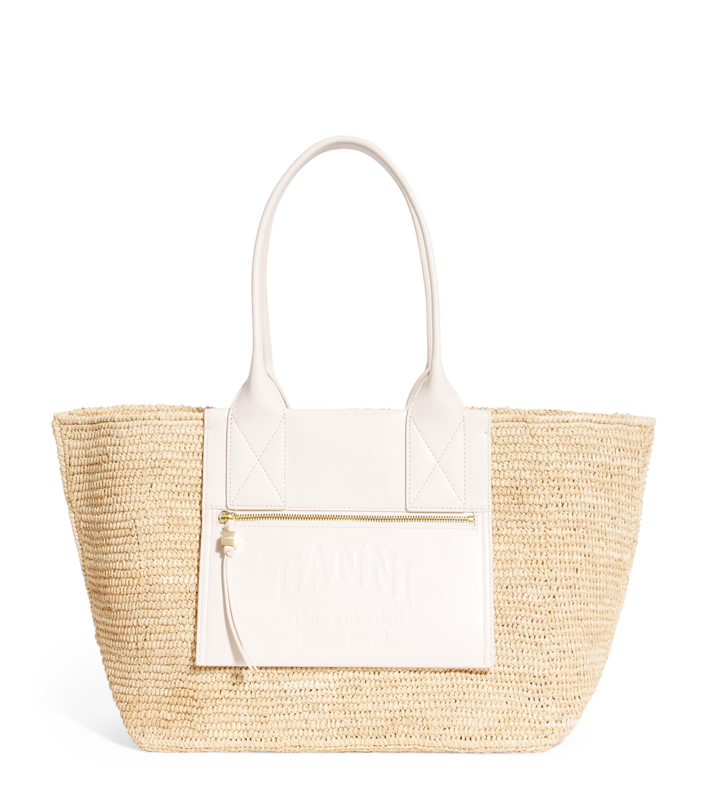 【Ganni】 Faux leather-trimmed raffia tote bag Faux leather-trimmed raffia tote bag in beige - Ganni