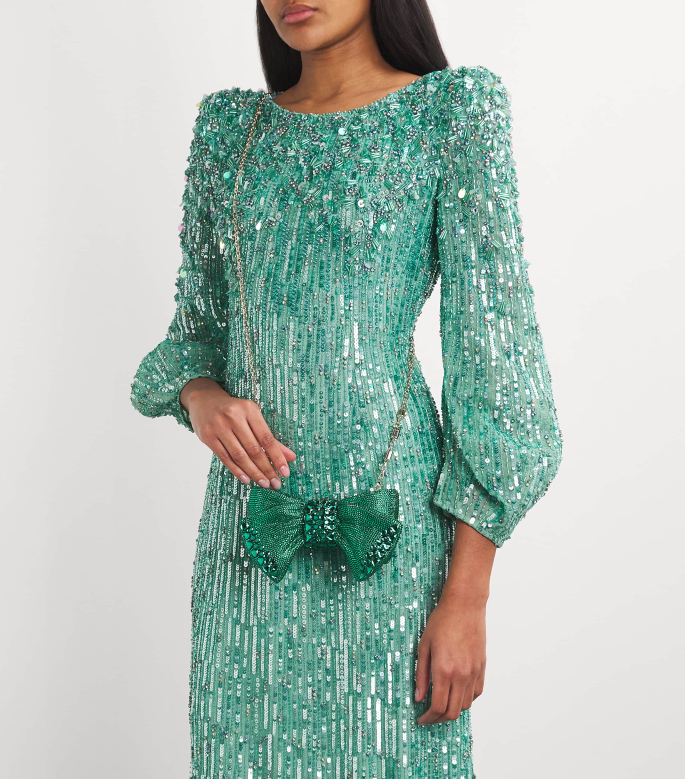 x Harrods EXCLUSIVE Embellished Just For You Bow Clutch Bag CEMER CHMPGN EMRLD Image 2