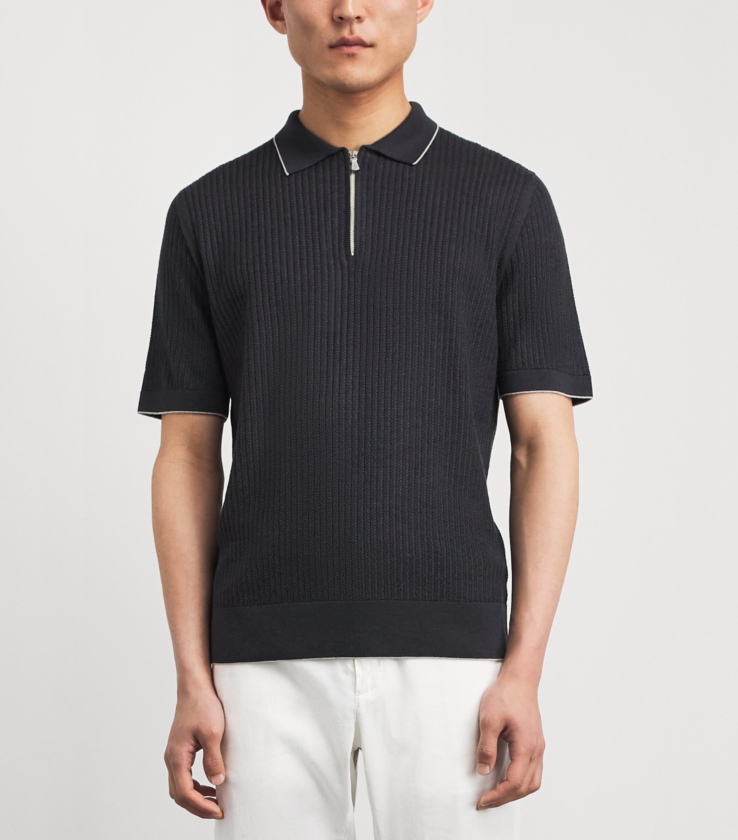 Eleventy Mens Wool-Silk Zipped Polo Shirt Nero E Sabbia Image 4