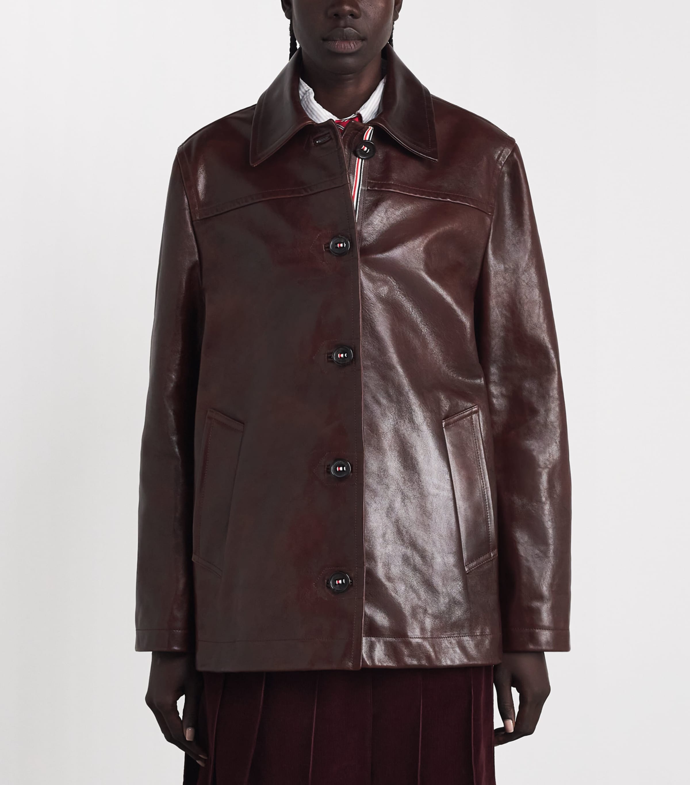 Thom Browne Womens Dockside Leather Coat Burgundy Image 4