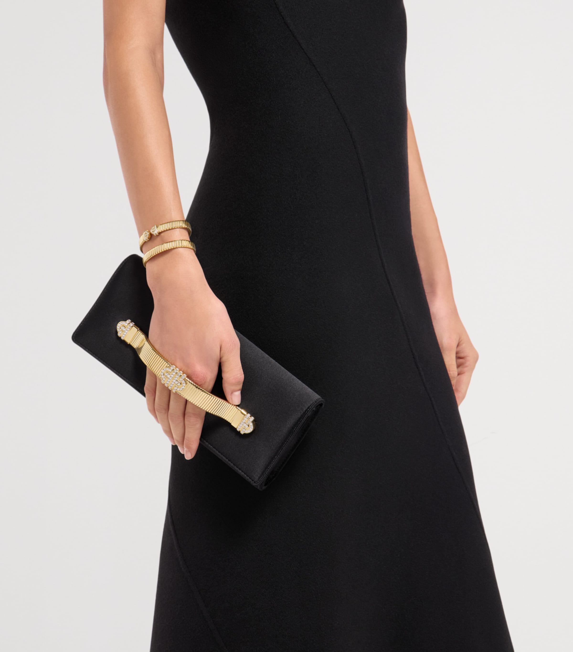 Bvlgari Satin Embellished Tubogas Evening Clutch Bag Black Image 2