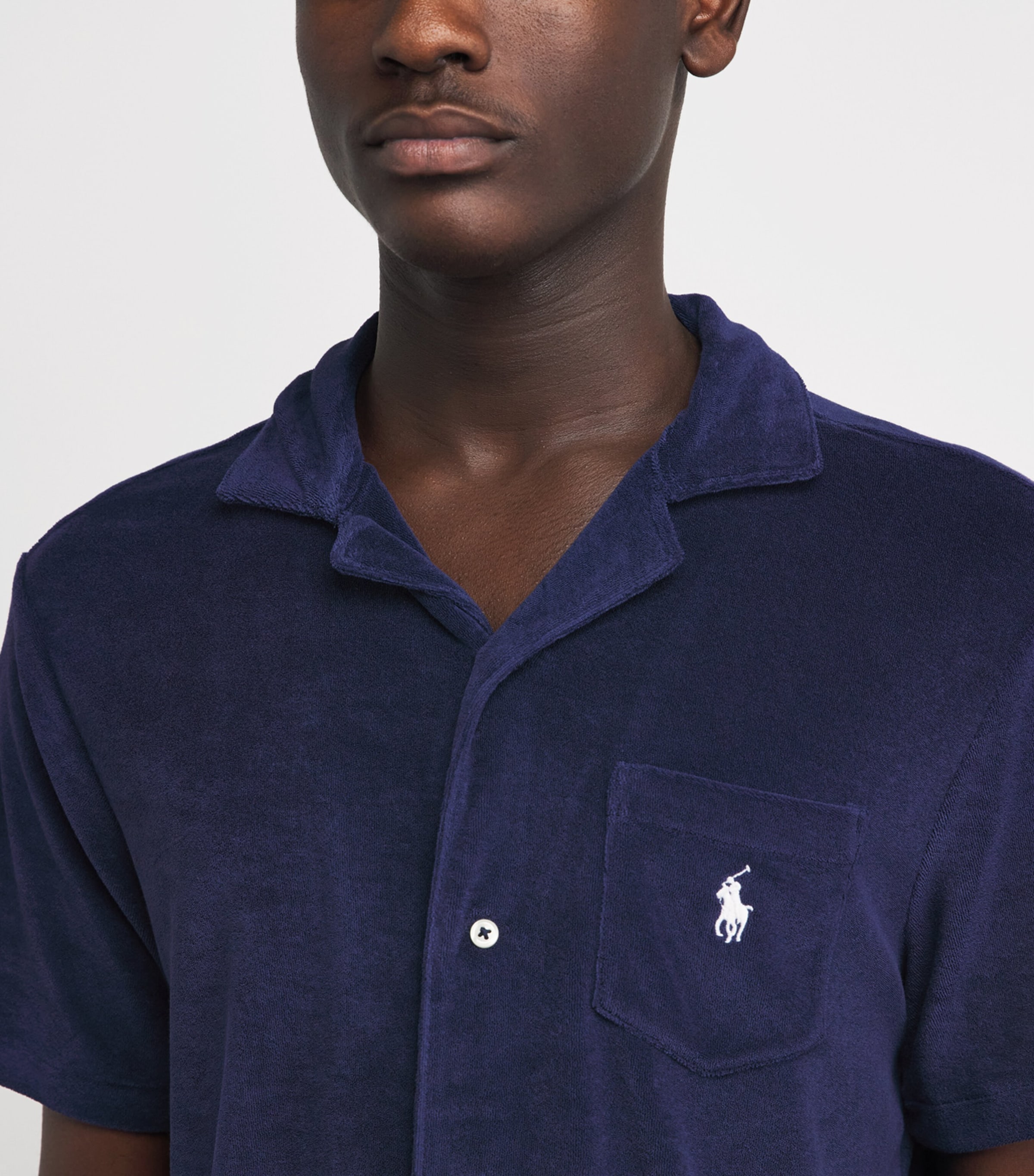 Polo Ralph Lauren Mens Cotton-Blend Terry Short-Sleeve Slim Shirt Newport Navy Image 3