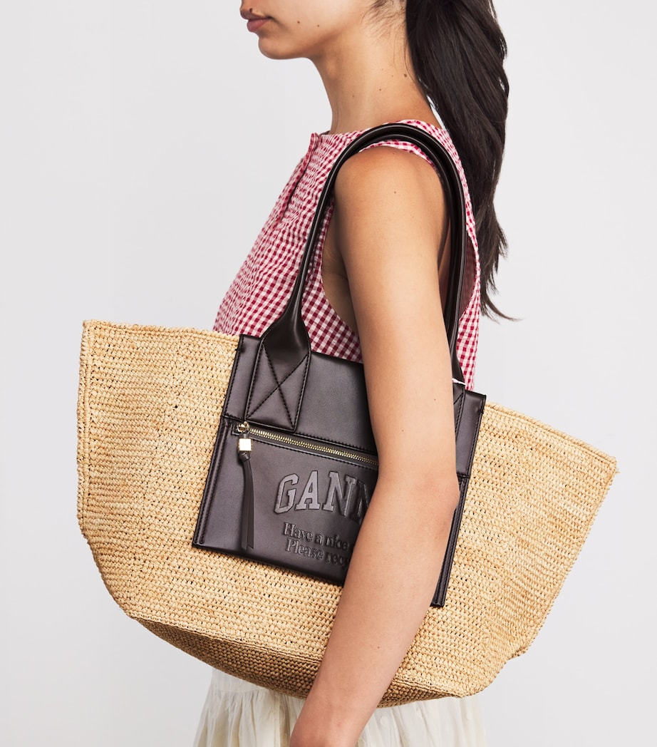 Medium Raffia-Leather Tote Bag 901 SEAL BROWN Image 2