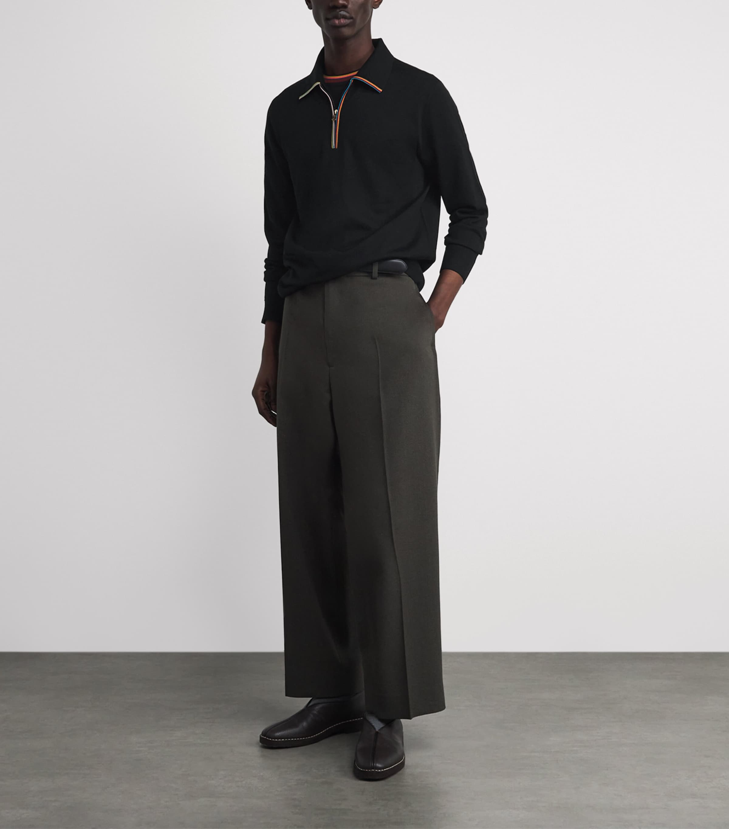 Merino Wool Signature Stripe Zip Polo Shirt BLACK-79 Image 2