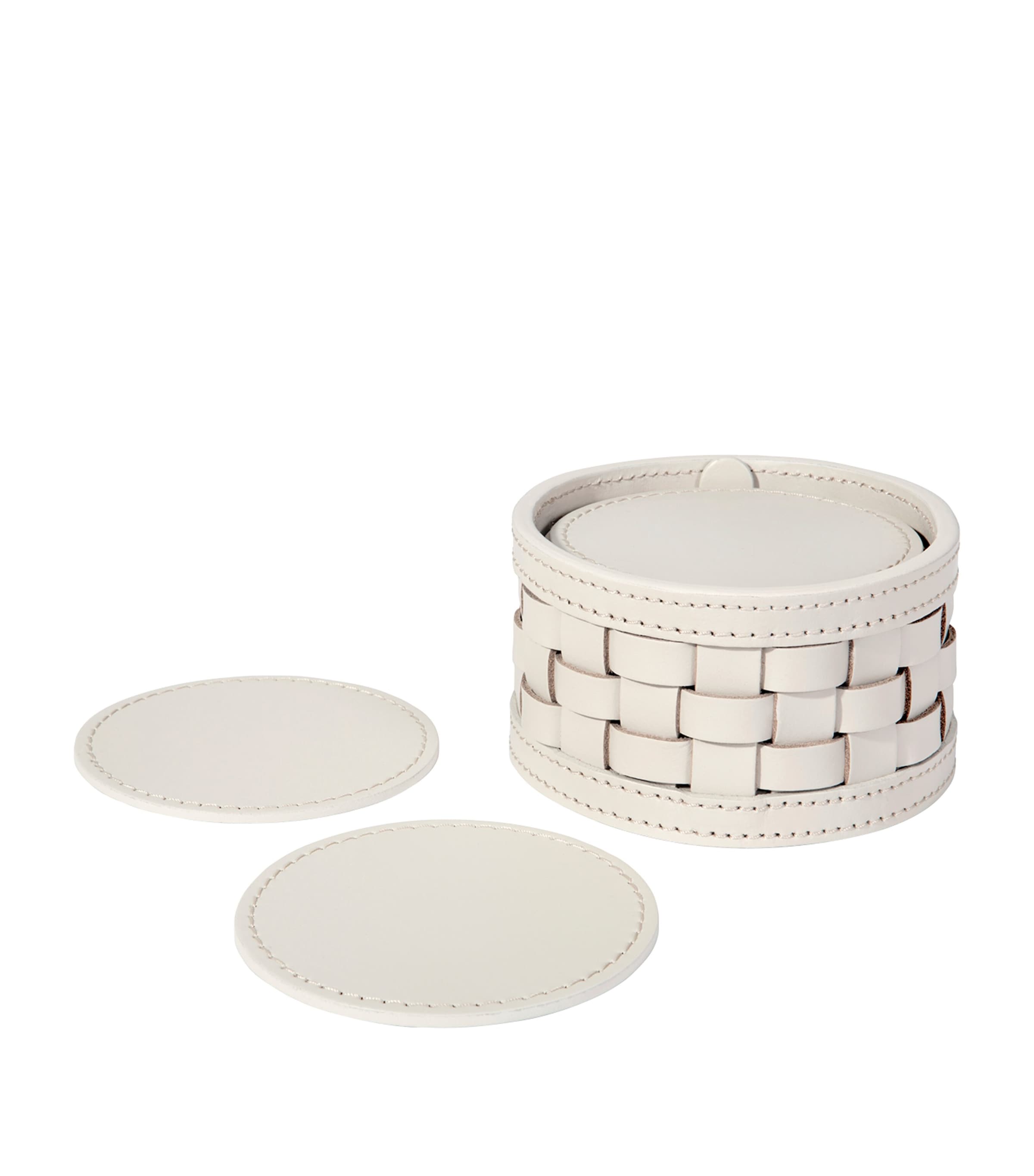 Riviere Woven Leather Coasters and Holder (Set of 10) Ivory Image 1