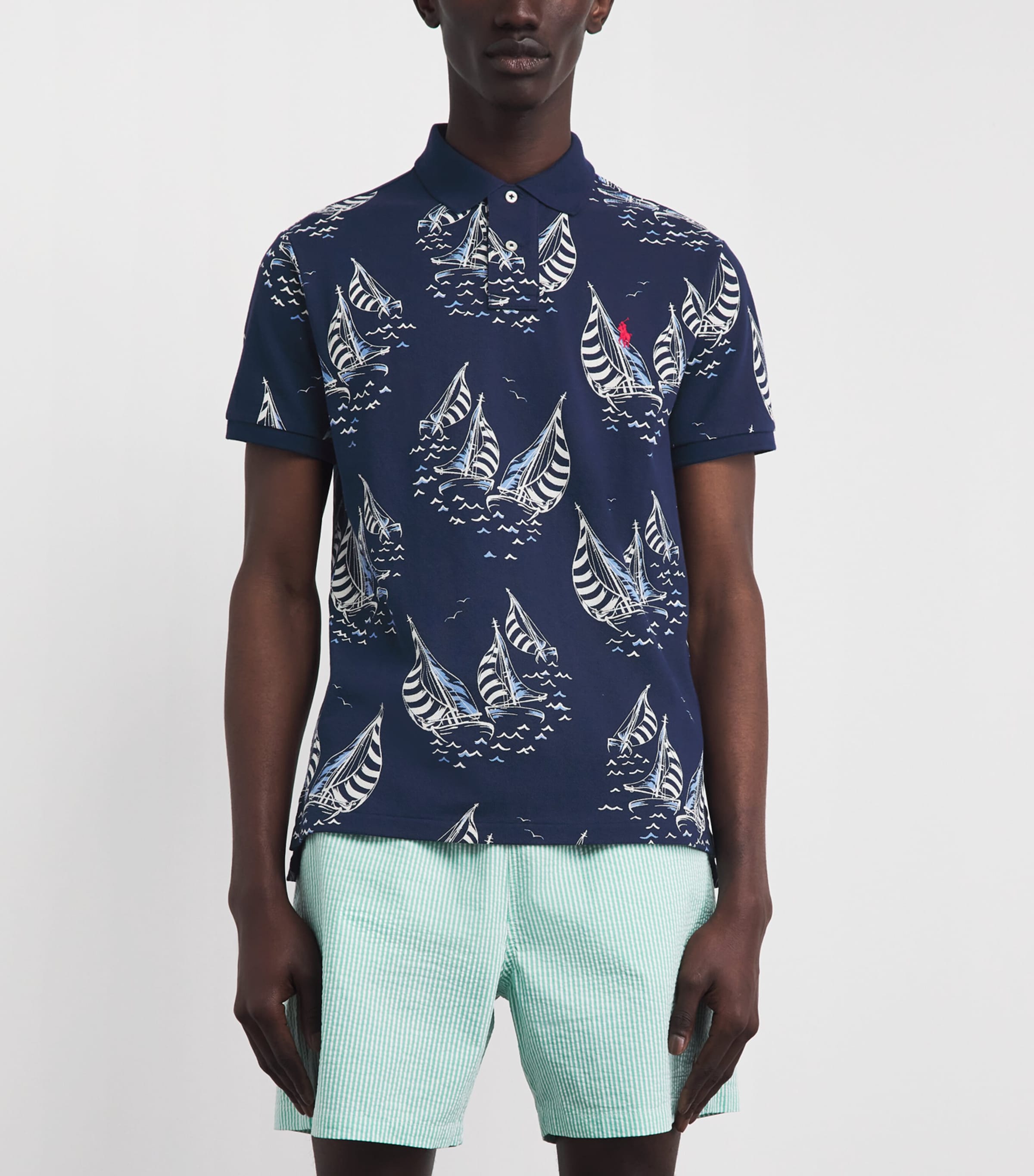Polo Ralph Lauren Mens Cotton-Mesh Sailboat Polo Shirt Sailbt Rce Nport Nvy Image 4