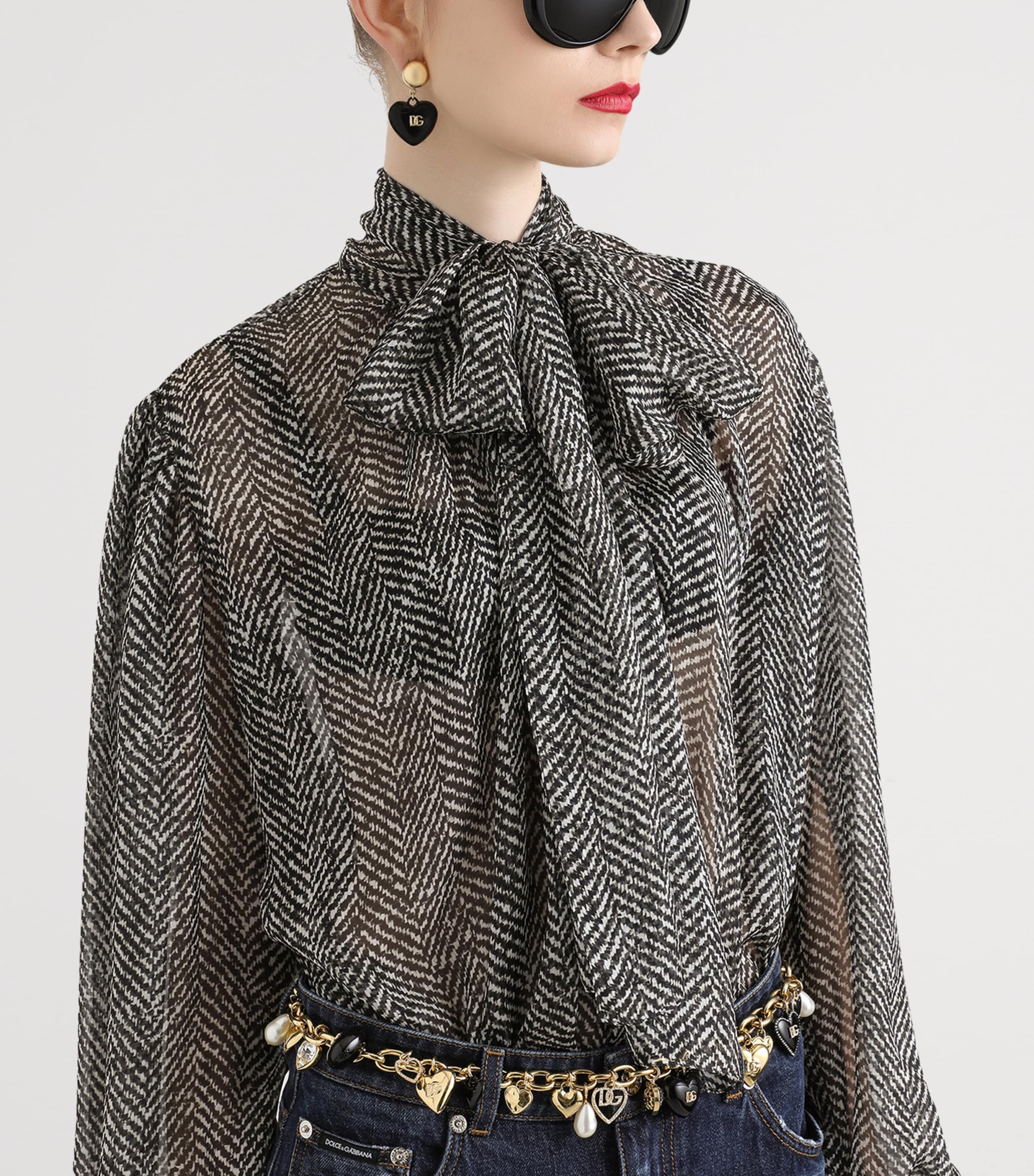 Silk Chevron Tie-Neck Blouse CHEVRON Image 2