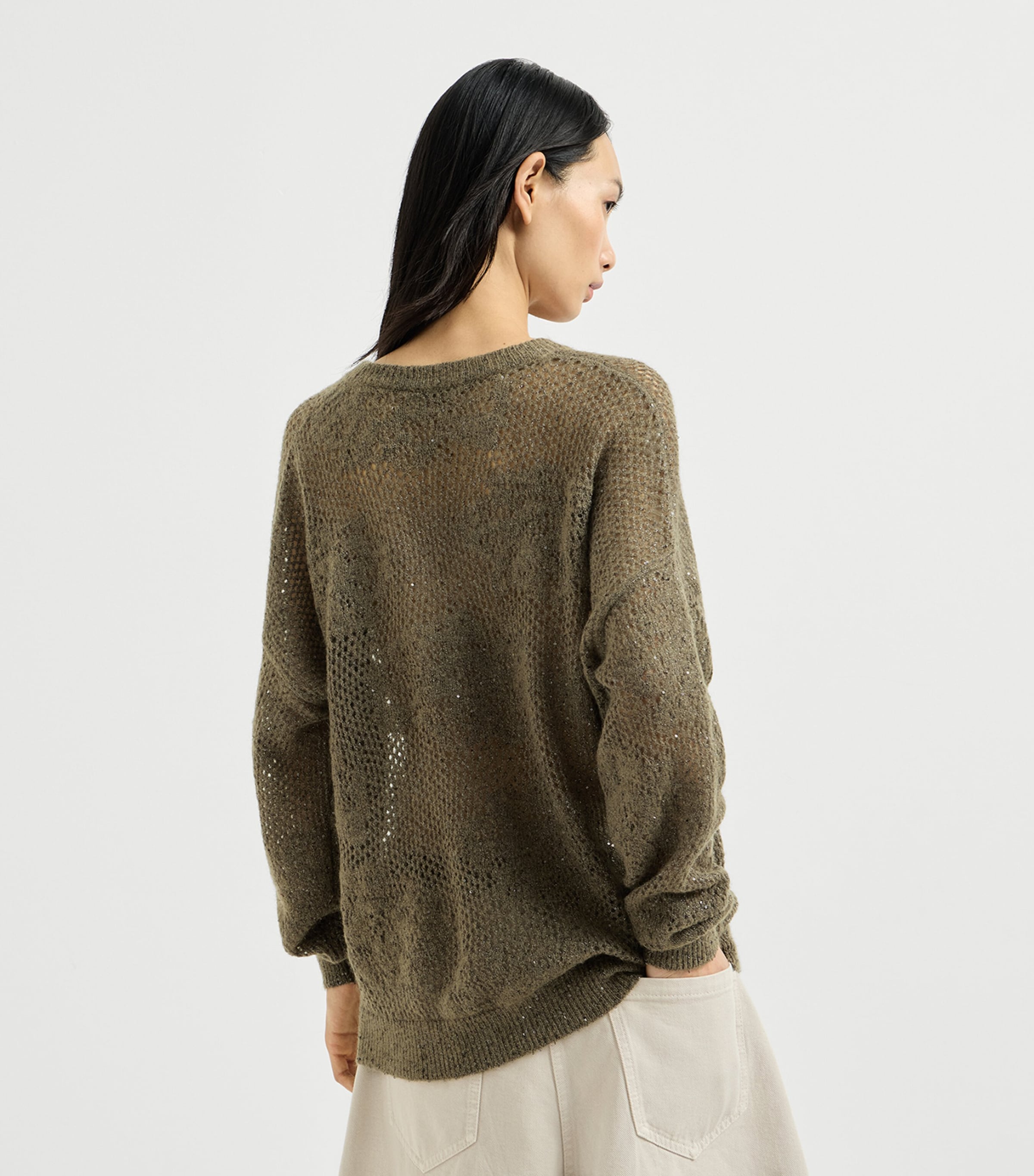 Brunello Cucinelli Womens Open-Work Embellished Sweater Militare Image 3