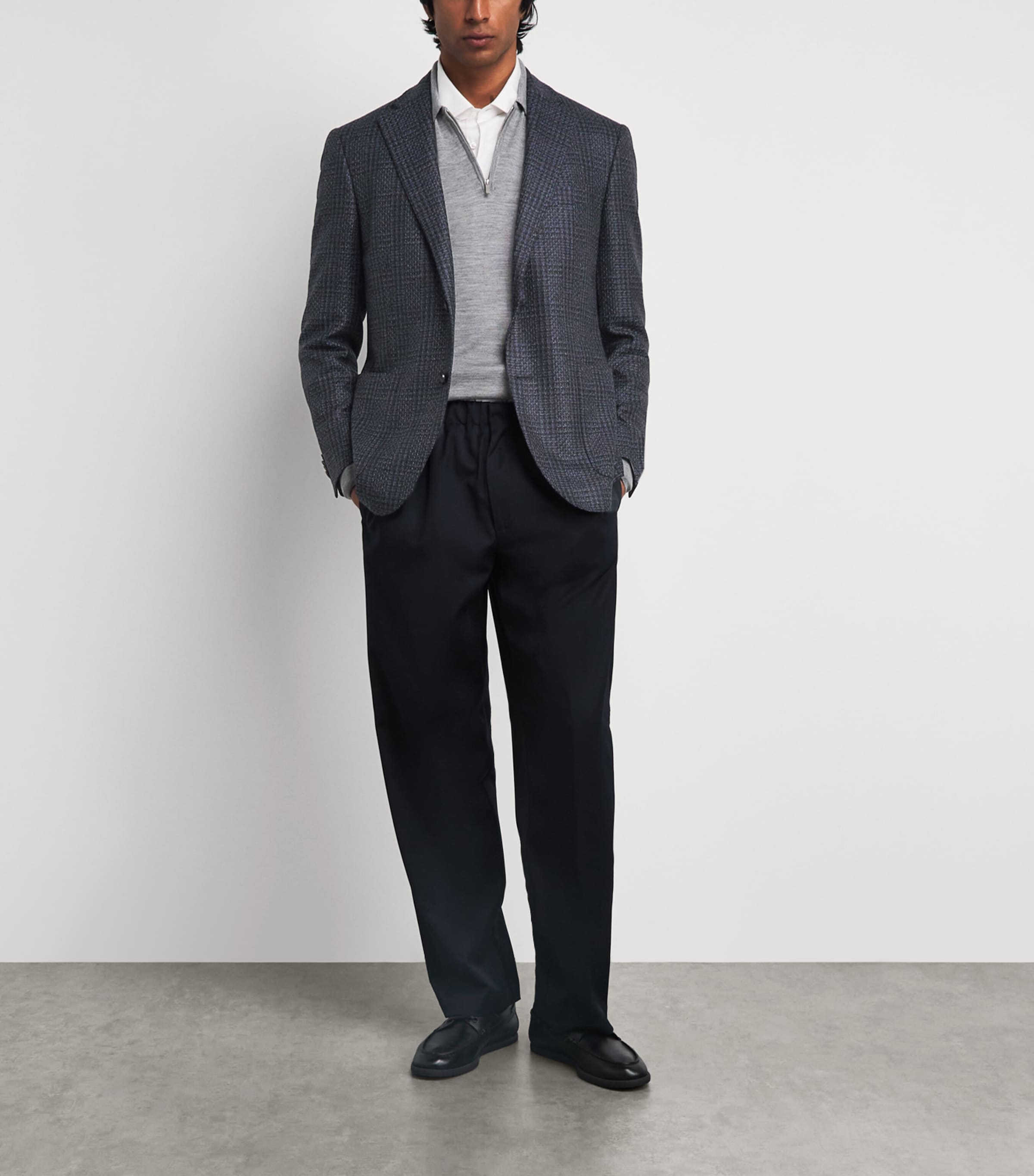 Corneliani Mens Wool Mouliné Check Blazer Navy Blue Image 2