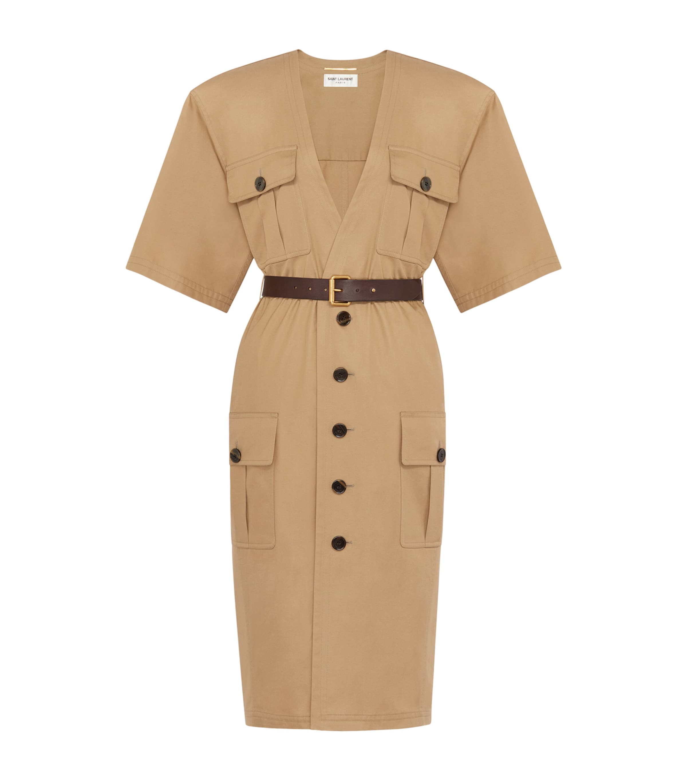 Shop Saint Laurent Belted Safari Dress In Beige