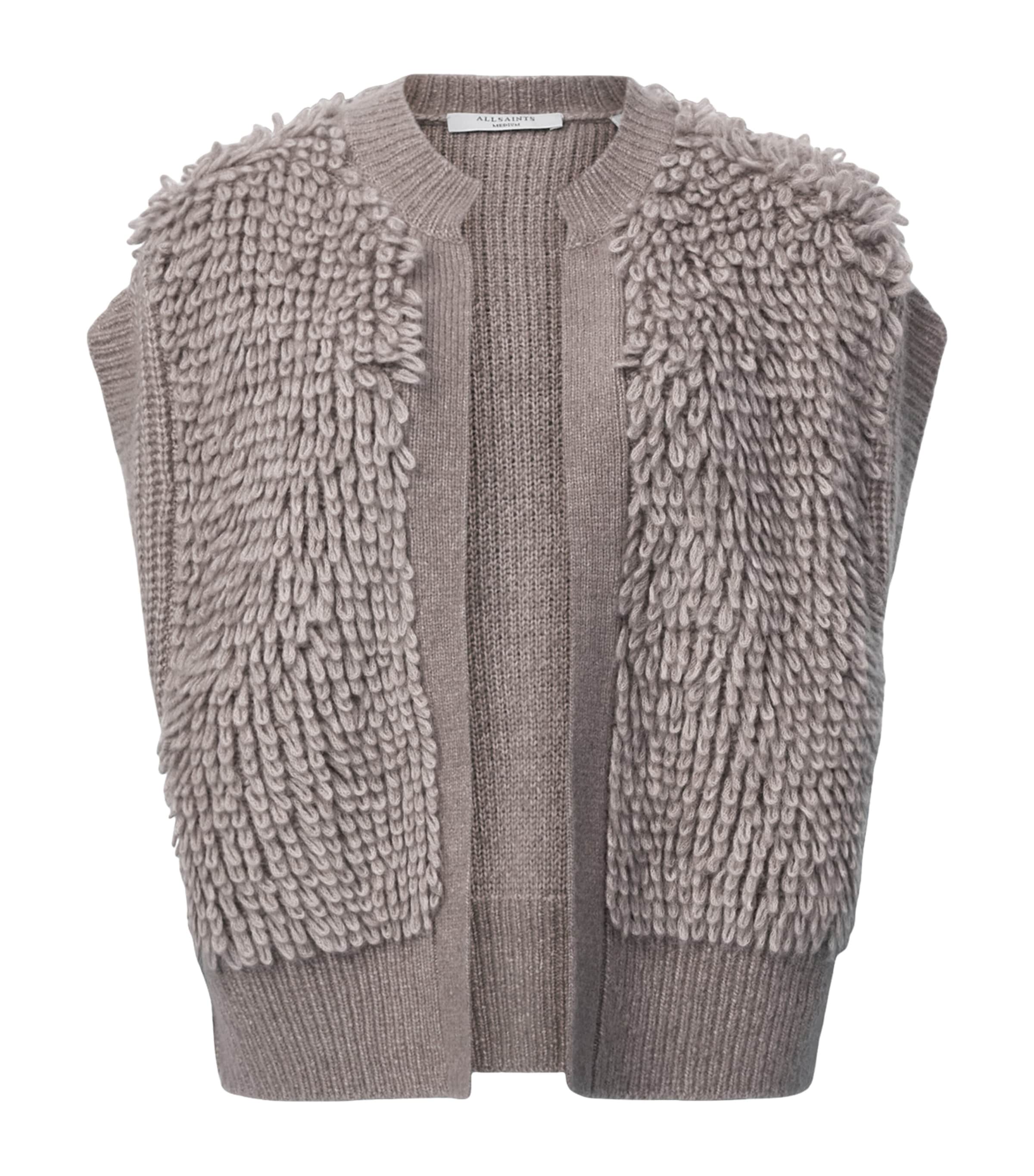 Allsaints Womens Taupe Brown Elias Relaxed-fit Textured Knitted Gilet Xs In Gray
