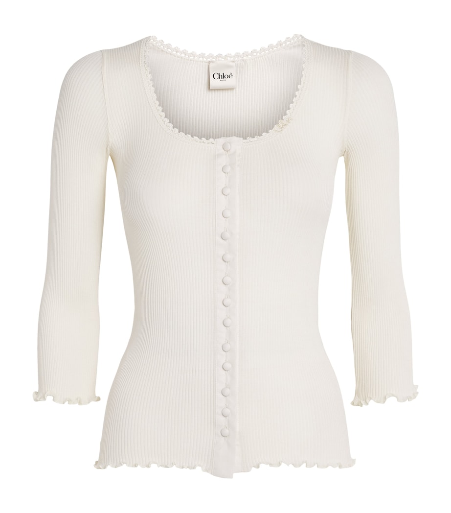 Chloé Womens Cotton-Silk Ribbed Cardigan Iconic Milk Image 1