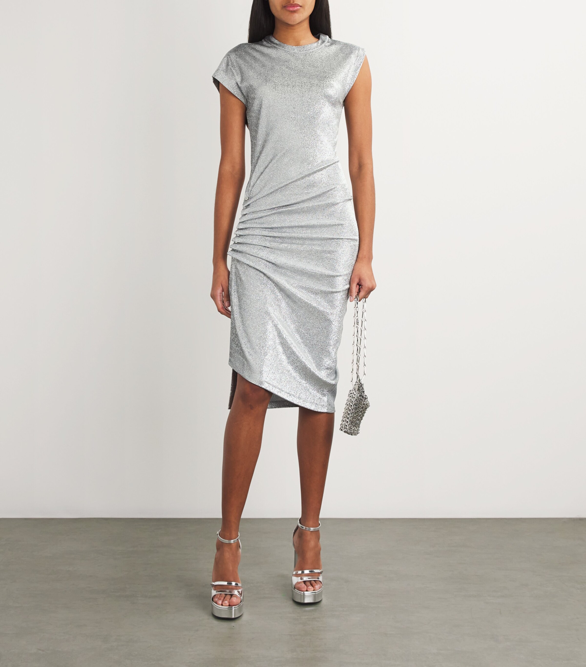 Rabanne Womens Lamé Side-Gathered Midi Dress Silver Image 2