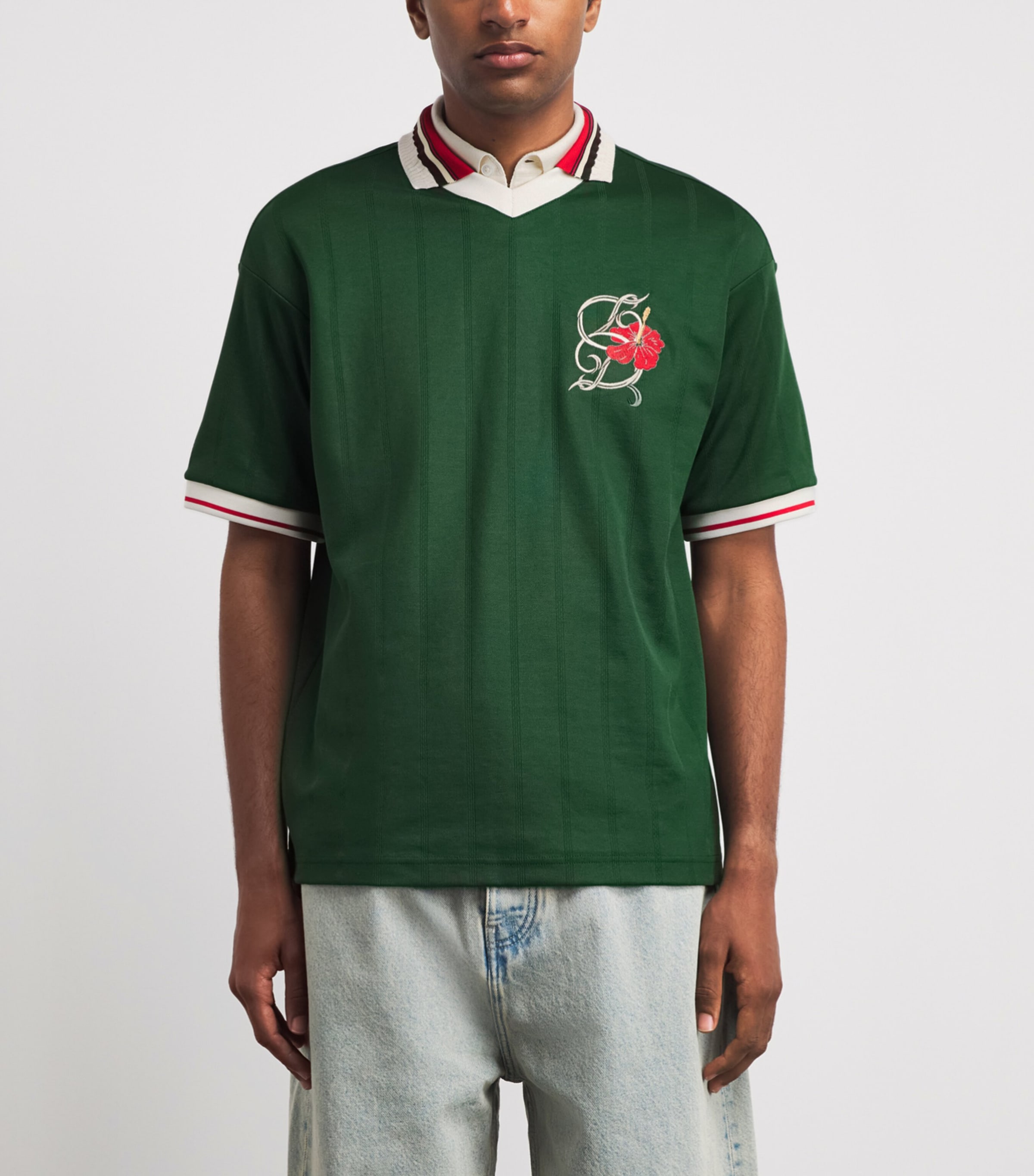 Drôle De Monsieur Mens Embroidered Hibiscus Polo Shirt Dgn / Dark Green Image 4