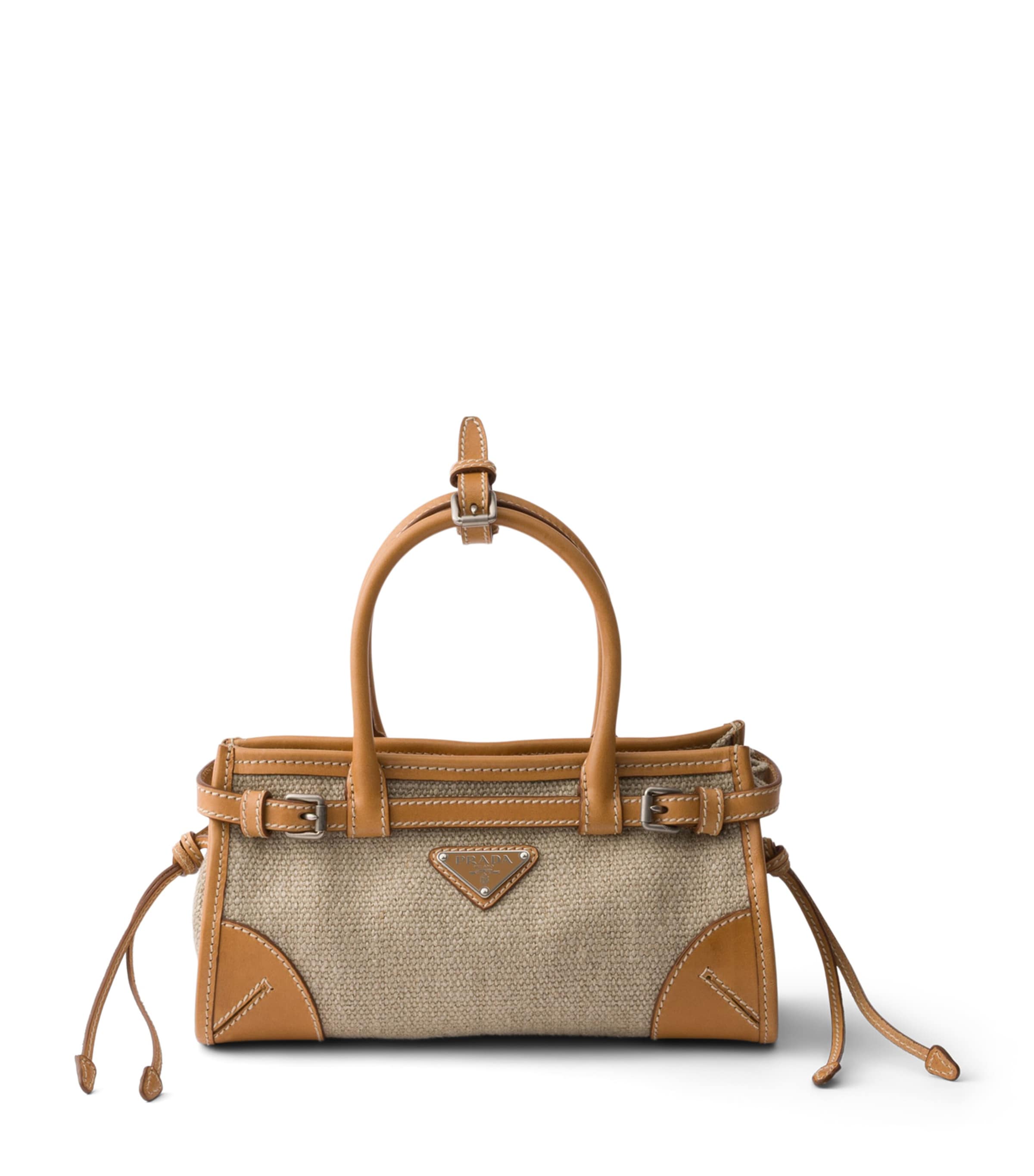 Prada Small Linen-Leather Bonnie Top-Handle Bag Neutral Image 1