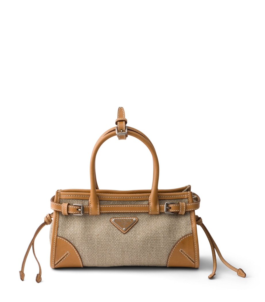 Prada Small Linen-Leather Bonnie Top-Handle Bag Neutral Image 1