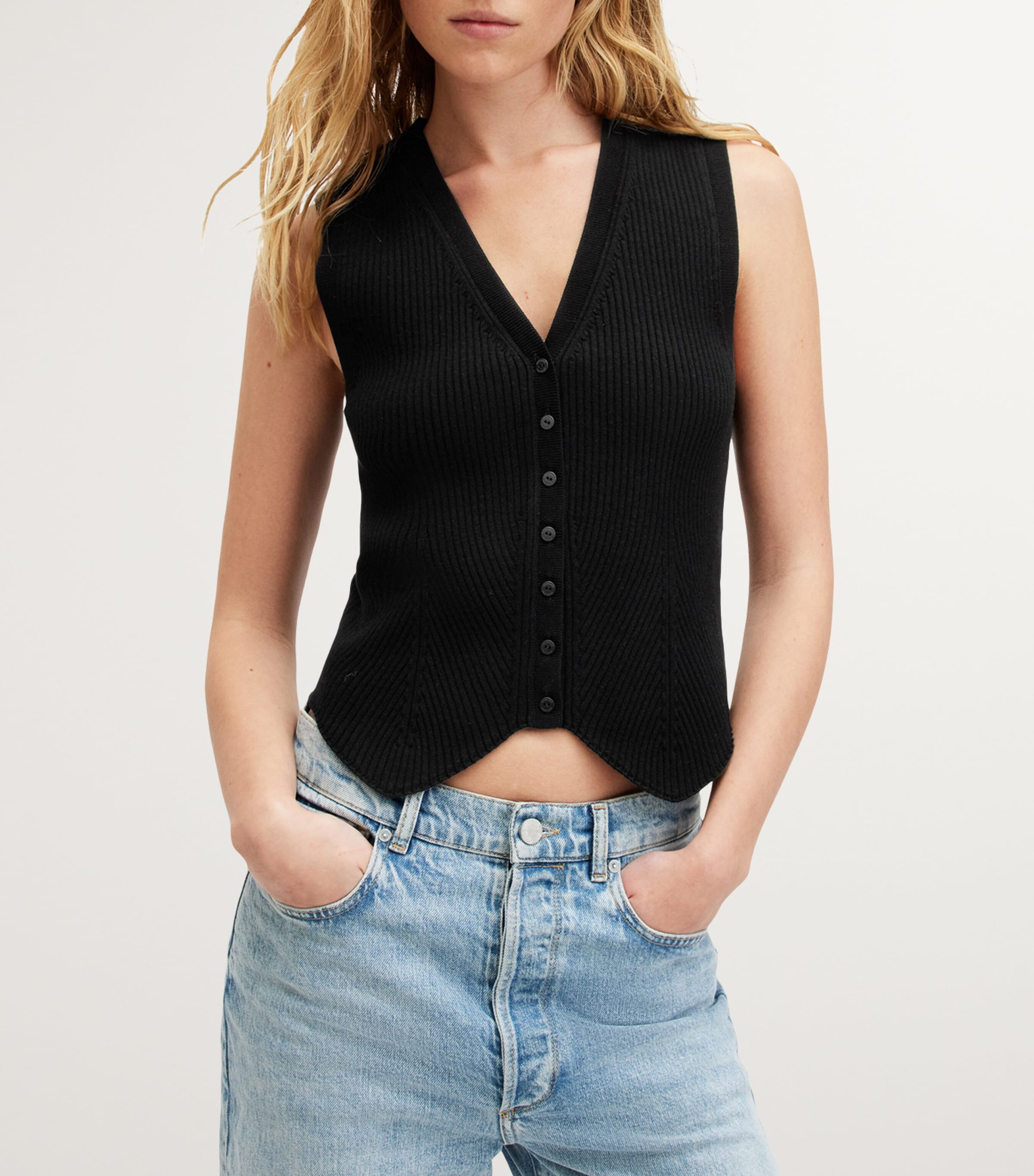 AllSaints Womens Knitted Cruz Waistcoat Black Image 3