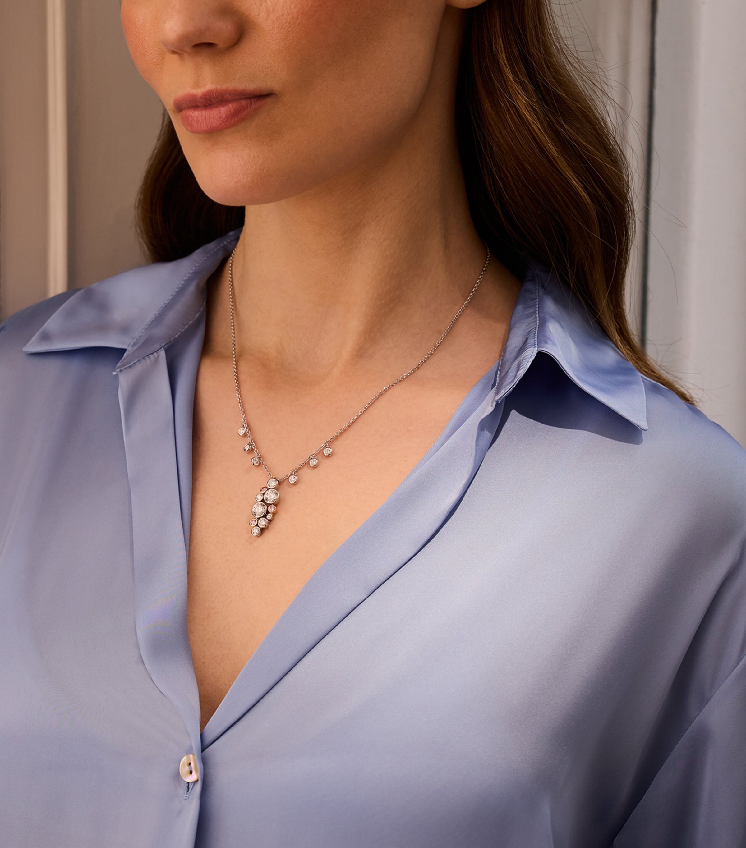 Boodles Platinum, Rose Gold, White Diamond and Pink Diamond Raindance 25 Pendant Necklace Platinum Image 2