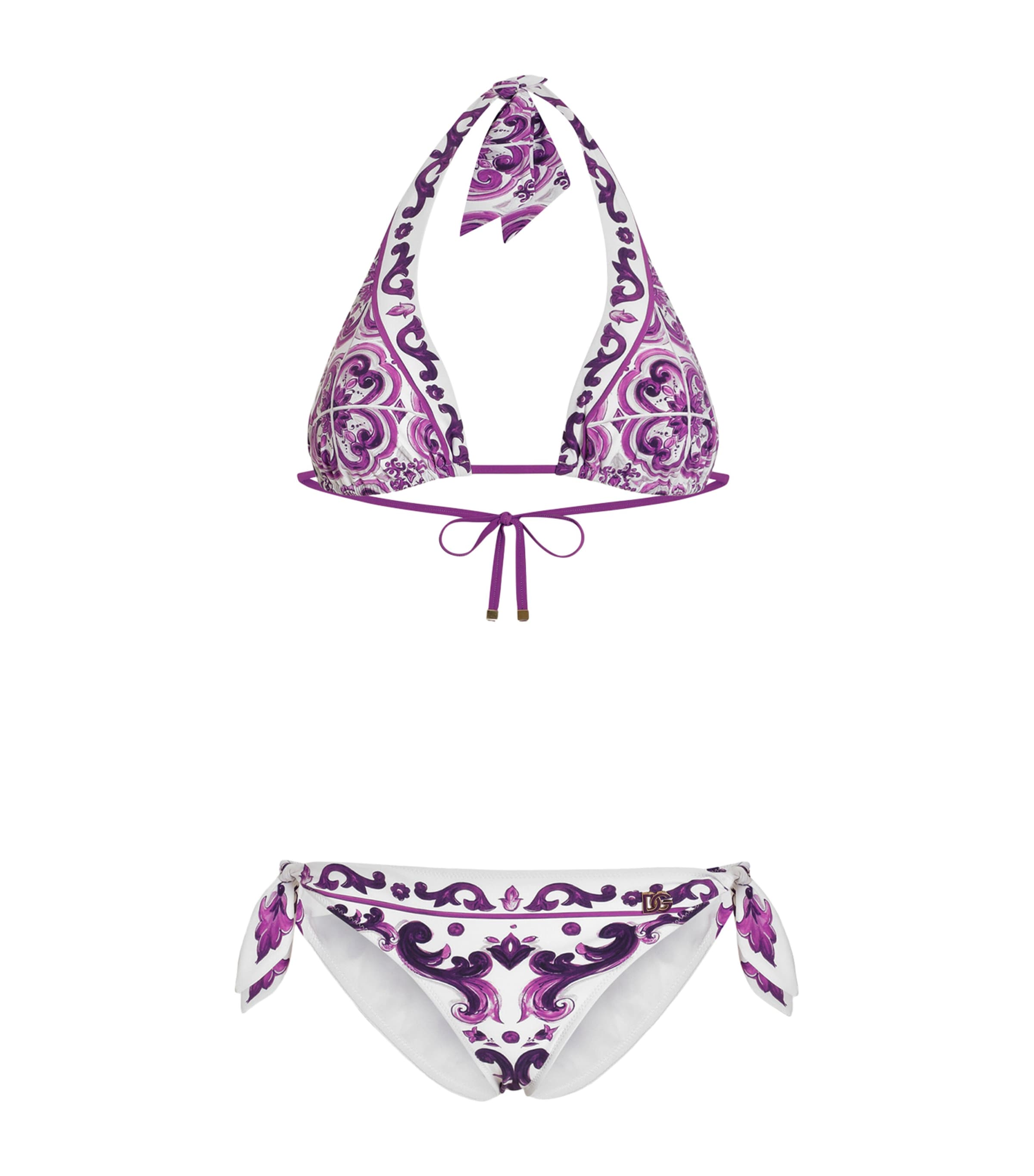 Dolce & Gabbana Maiolica Print Triangle Bikini In Purple
