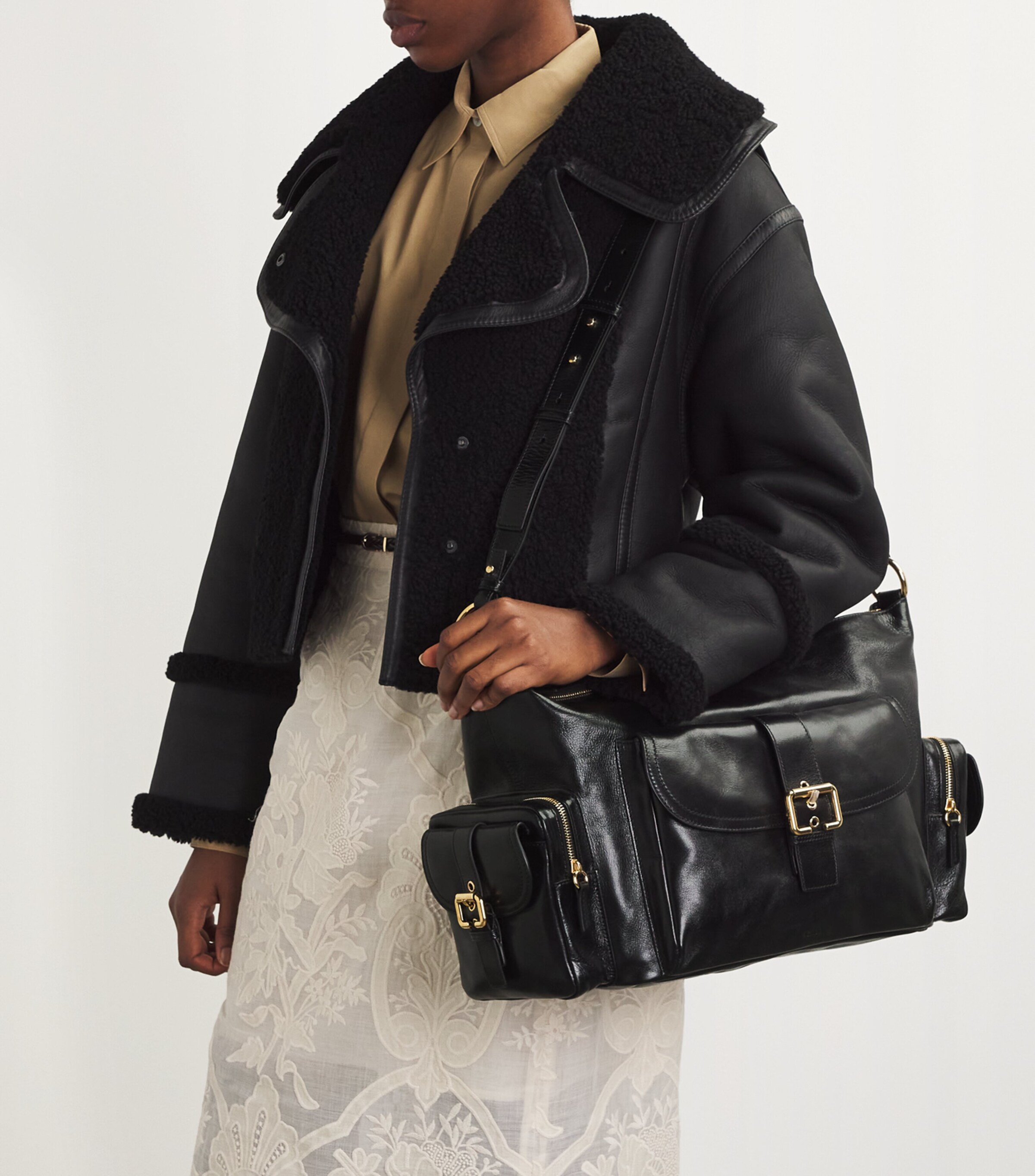 Large Leather Camera Shoulder Bag BLACK Image 2