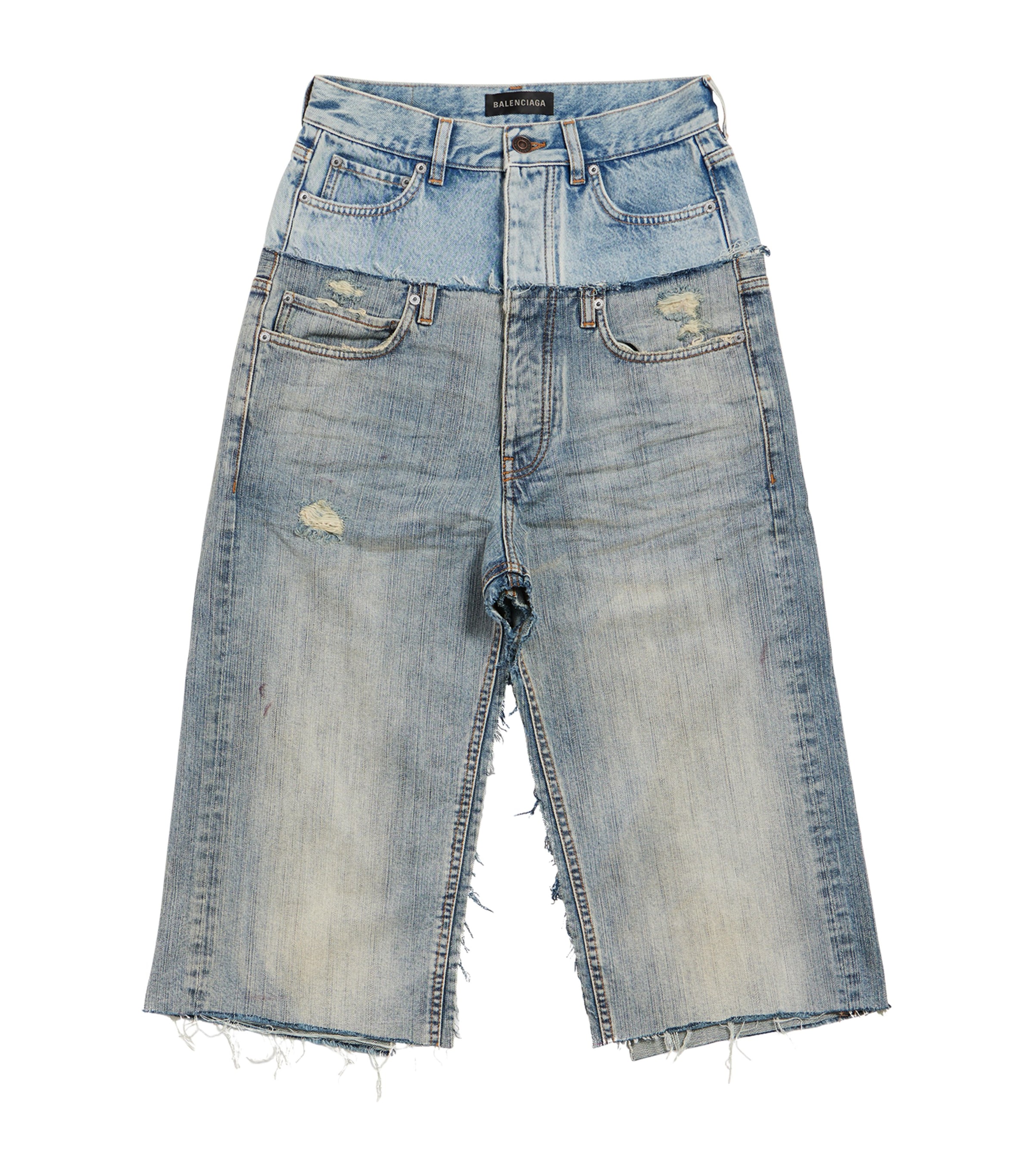 Balenciaga Distressed Denim Midi Skirt In Blue