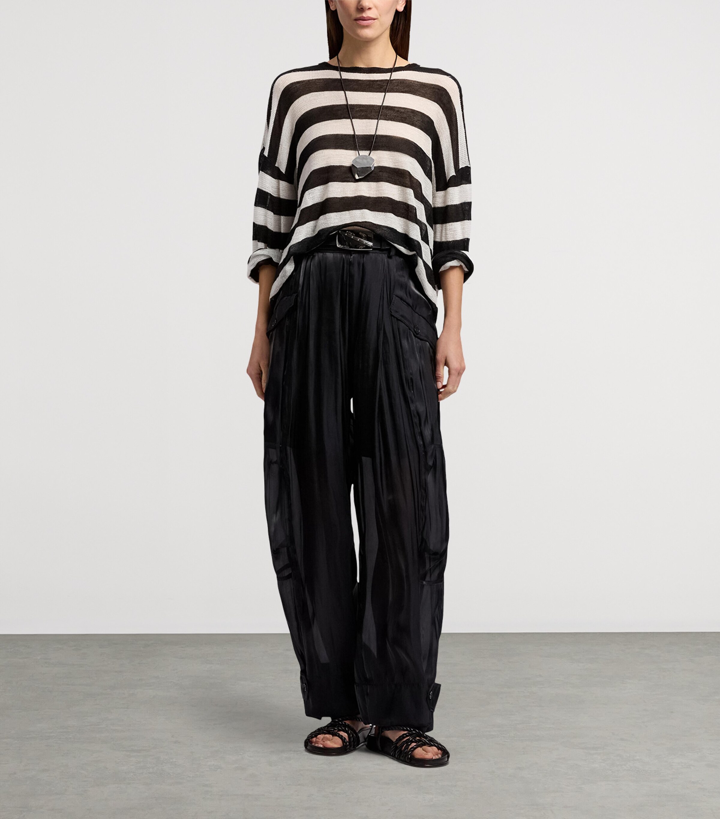 Ralph Lauren Collection Womens Mulberry Silk-Linen Stripe Sweater Black Image 9