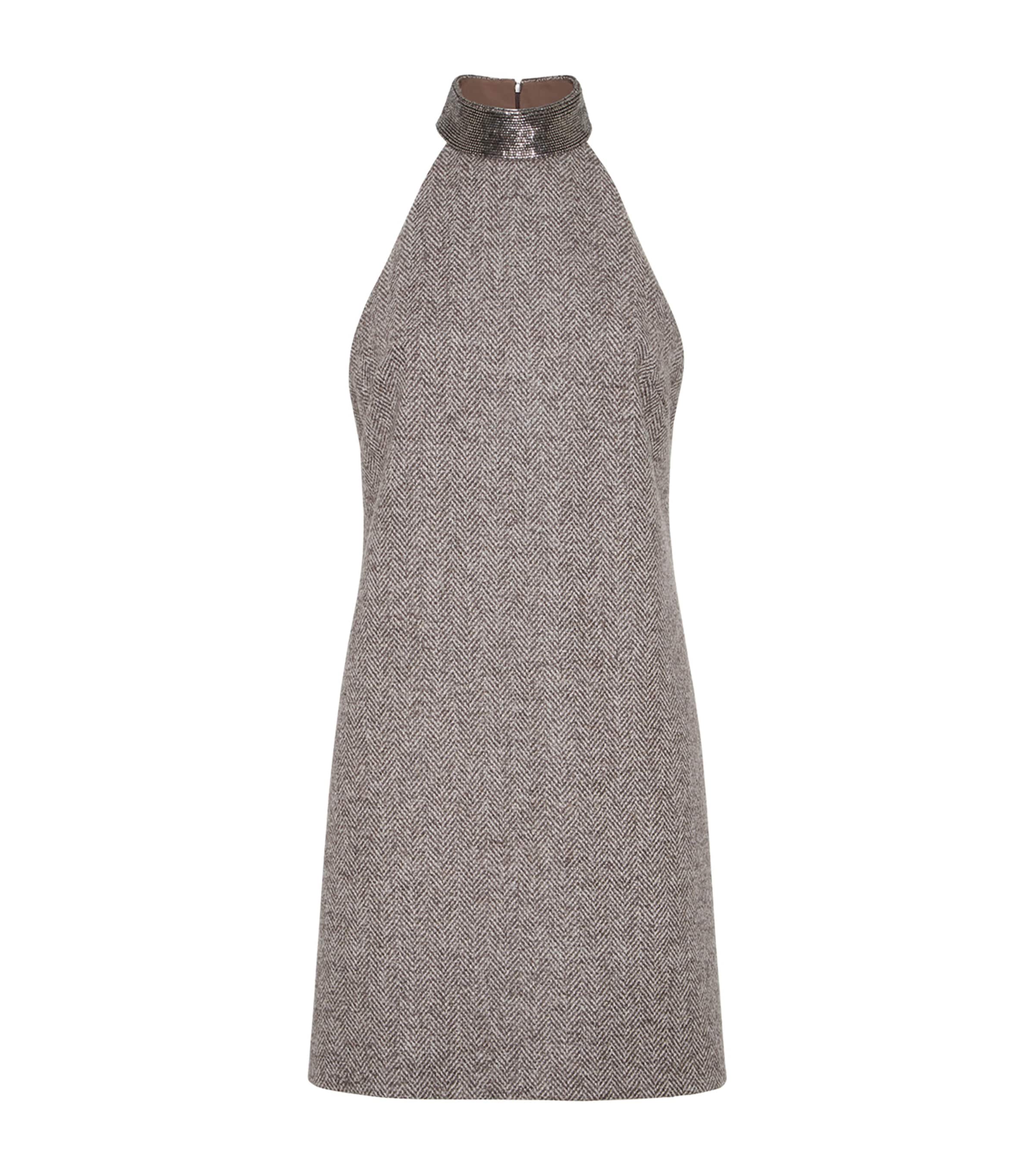 Brunello Cucinelli Halter-neck Herringbone Tweed Dress In Gray