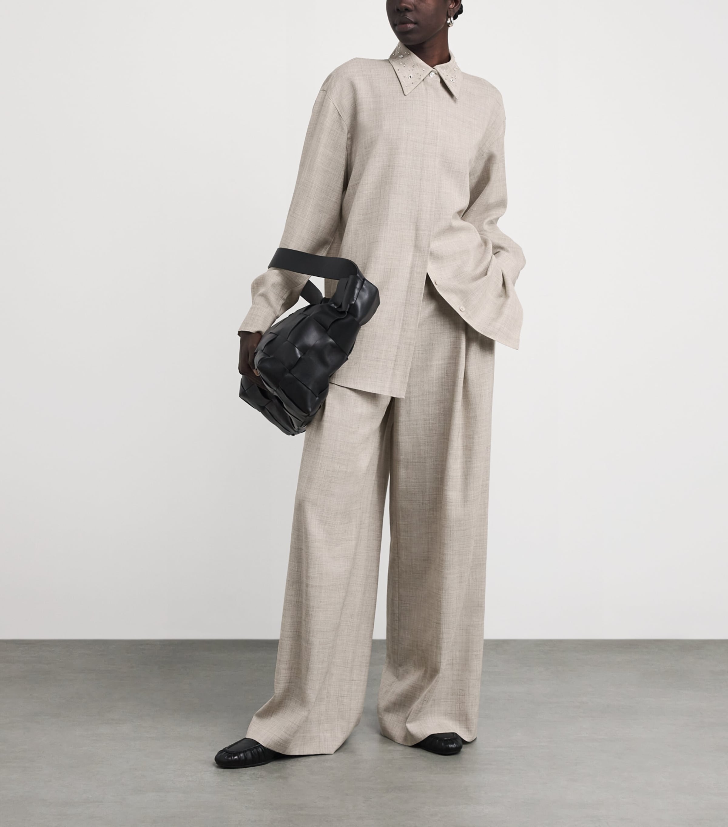 Wool-Silk-Linen Embellished Shirt TAUPE MULTI Image 2