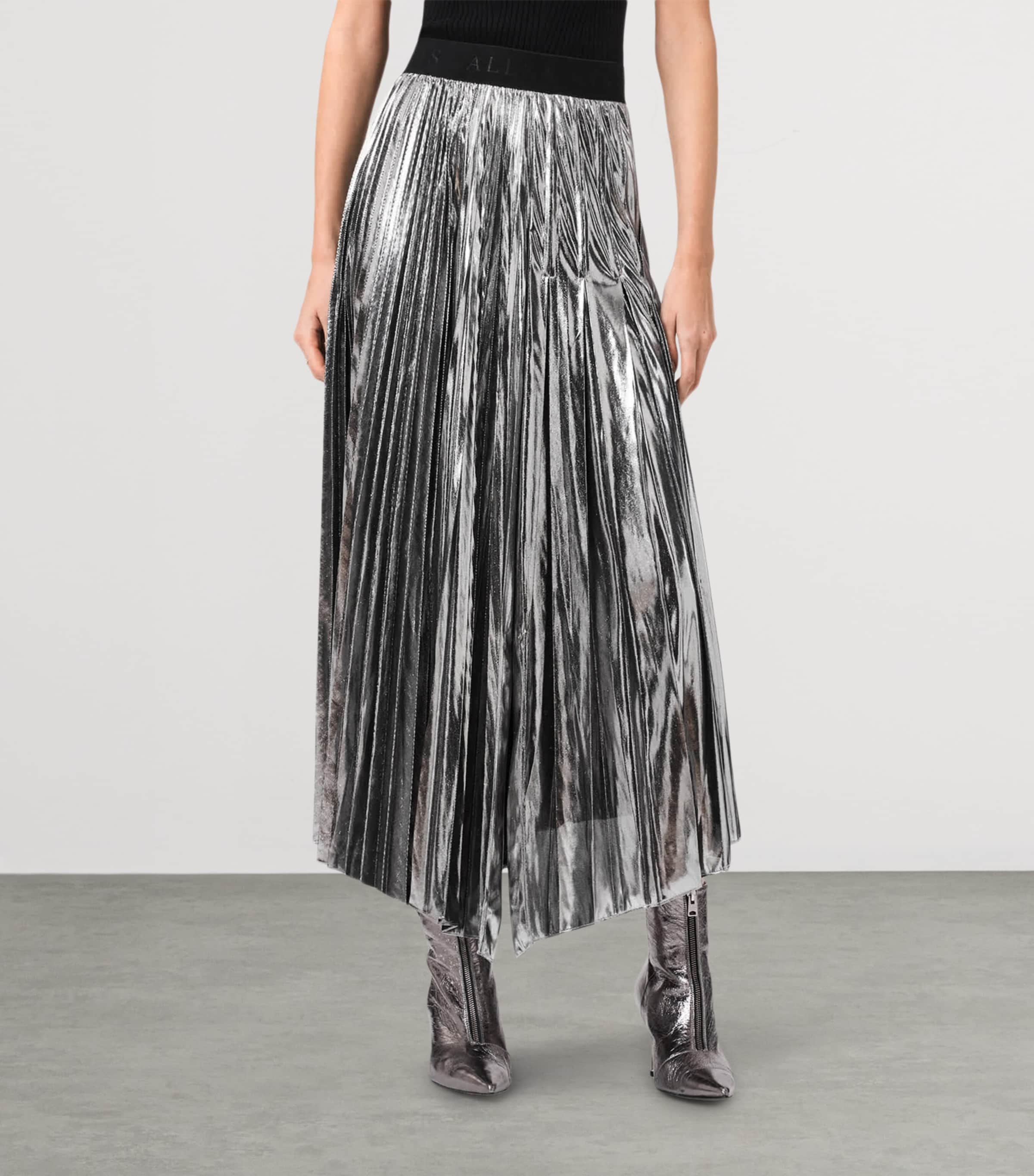 AllSaints Womens Pleated Jax Maxi Skirt Metallic Silver Image 2