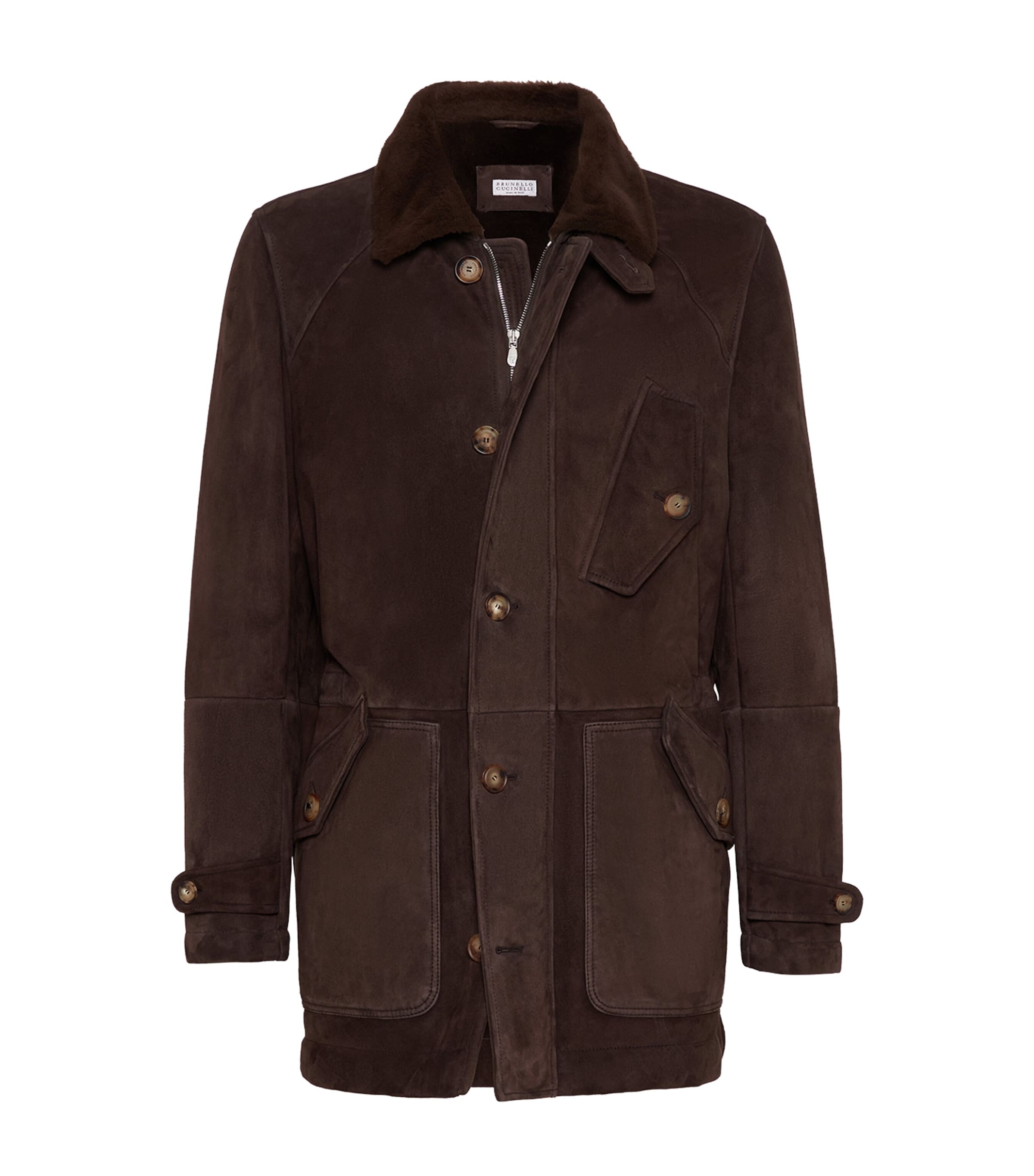 Brunello Cucinelli Suede-shearling Pea Coat In Brown
