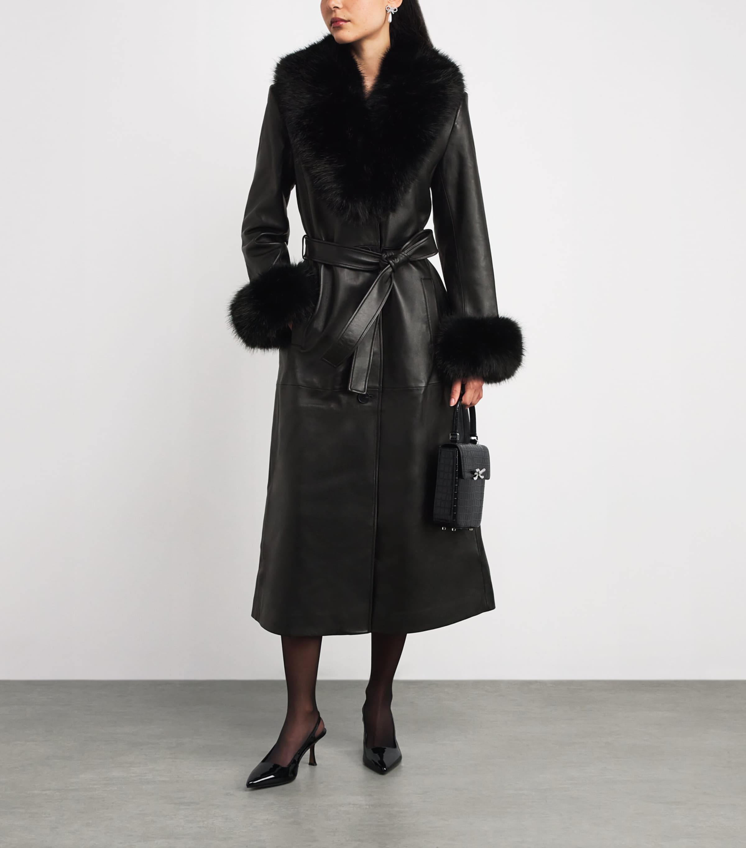 Leather Faux Fur-Trim Coat BLACK Image 2