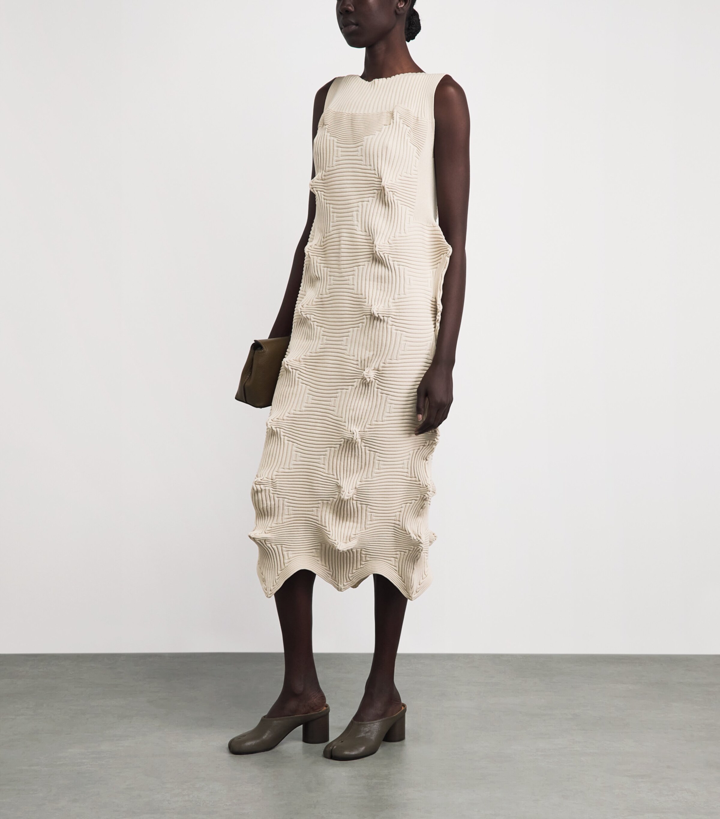 Issey Miyake Womens Knitted Linkage Midi Dress Emu Beige Image 2