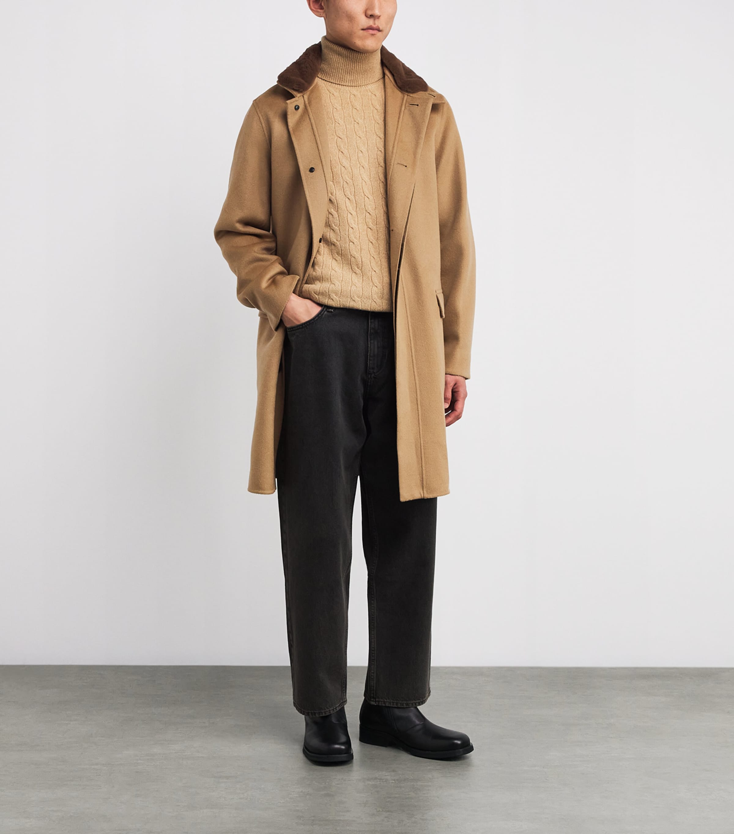 Wool-Cashmere Mink-Collar Overcoat A2150 TOAST Image 2