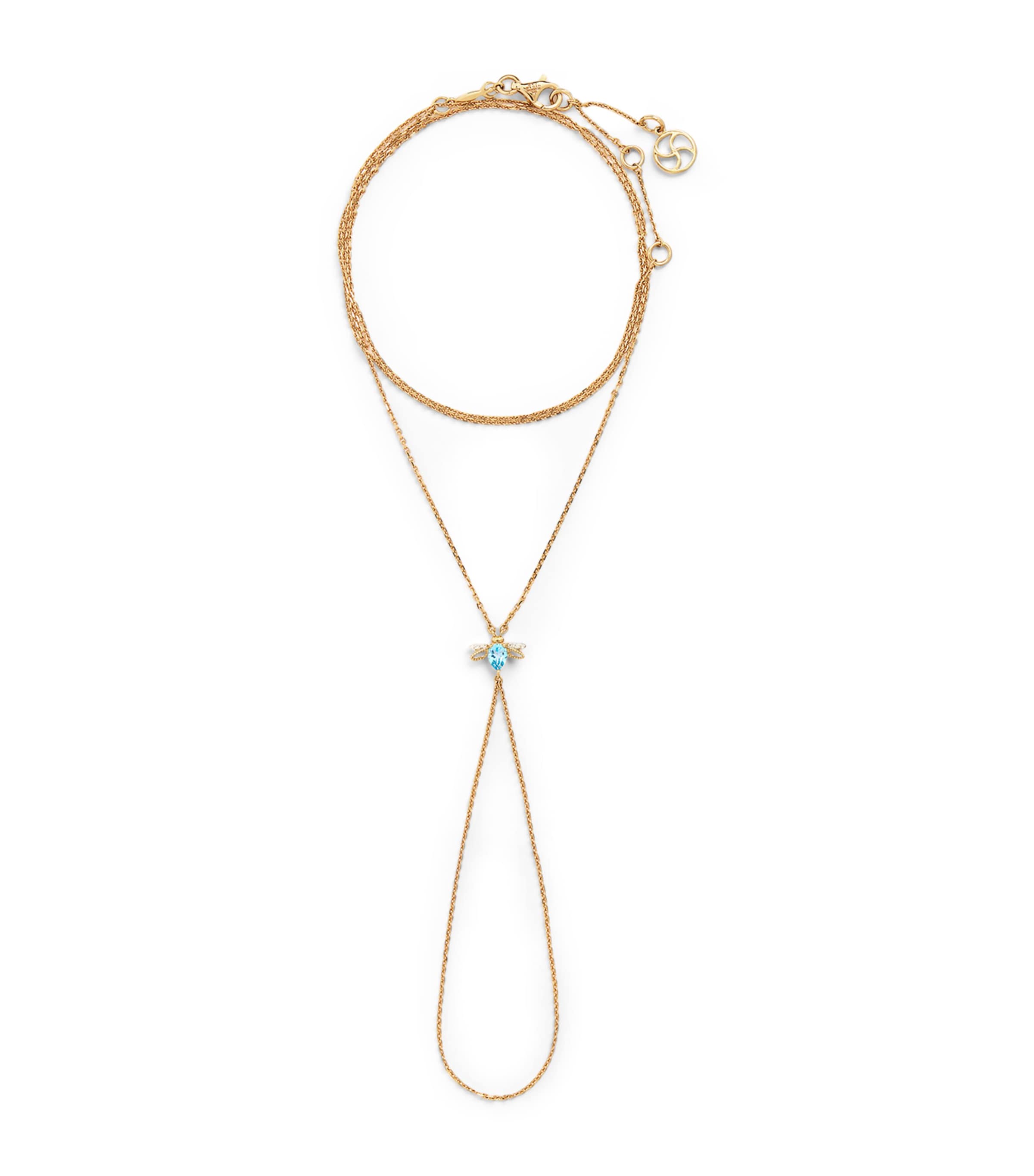 Bee Goddess Gold, Diamond And Blue Topaz Honey Hand Bracelet In Gold