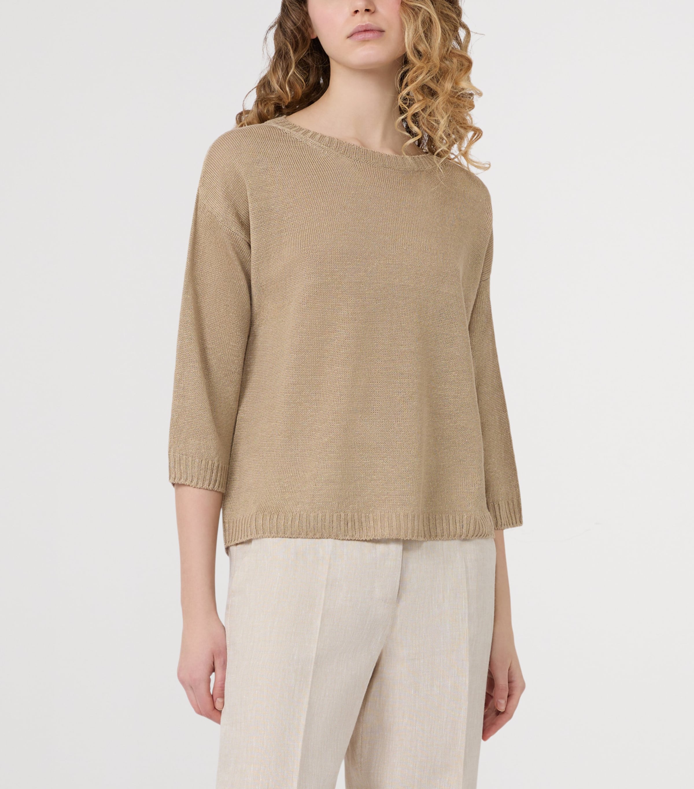 Weekend Max Mara Womens Linen Cropped-Sleeve Sweater Earth Image 2