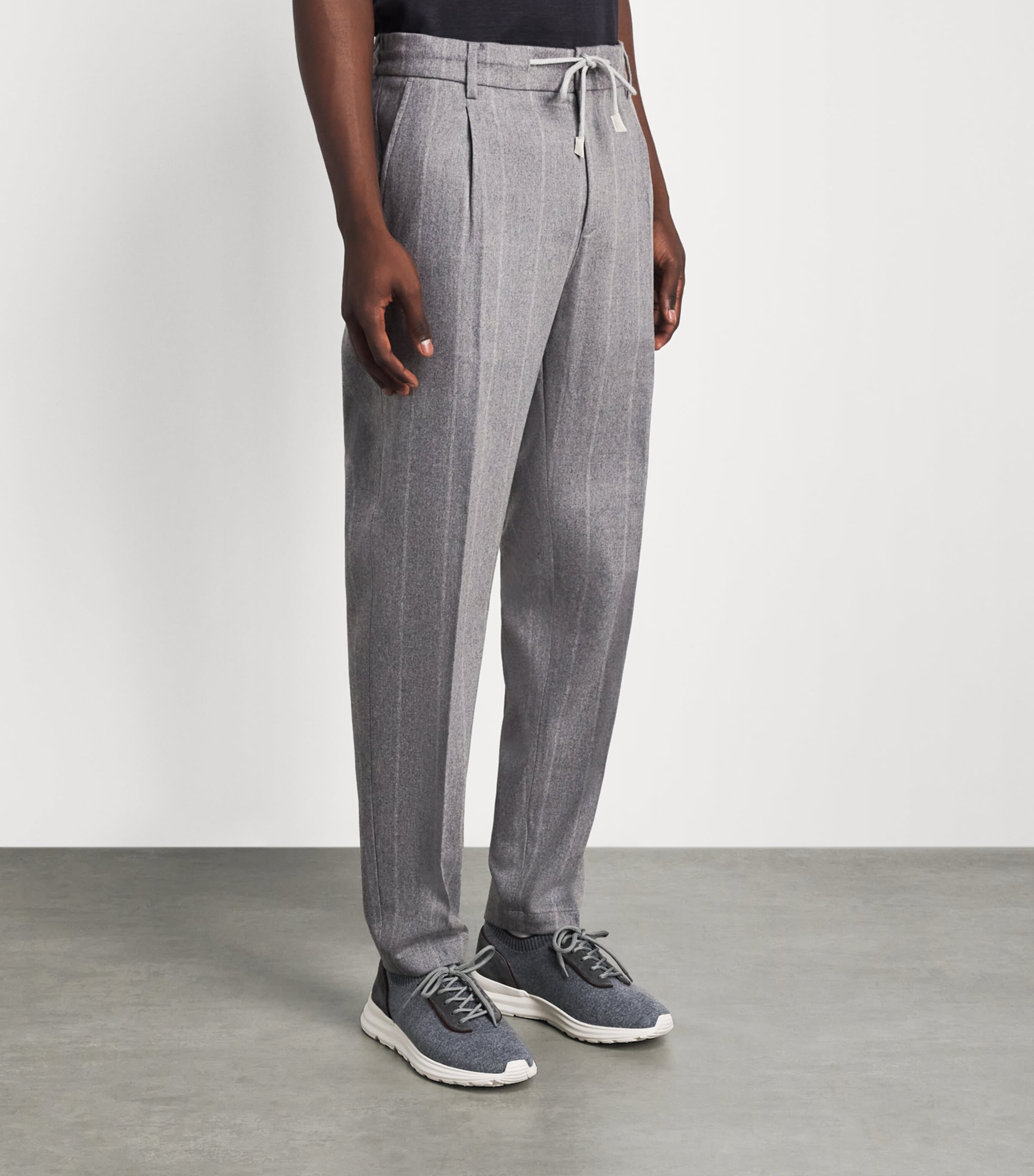 Eleventy Mens Wool-Blend Stripe Drawstring Trousers Grigio Chiaro Melang Image 4