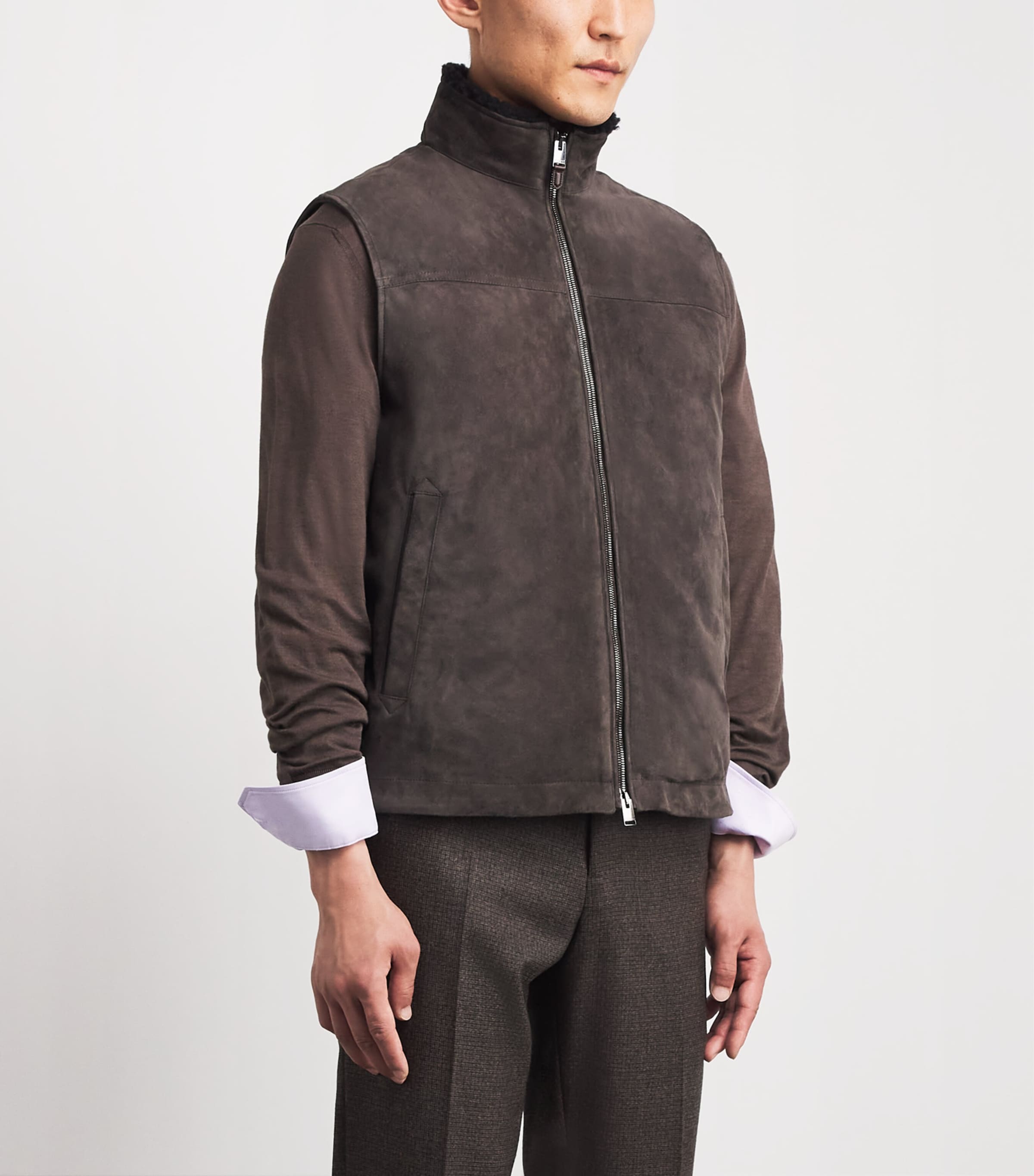 Canali Mens Suede Shearling-Collar Padded Gilet Brown Image 4