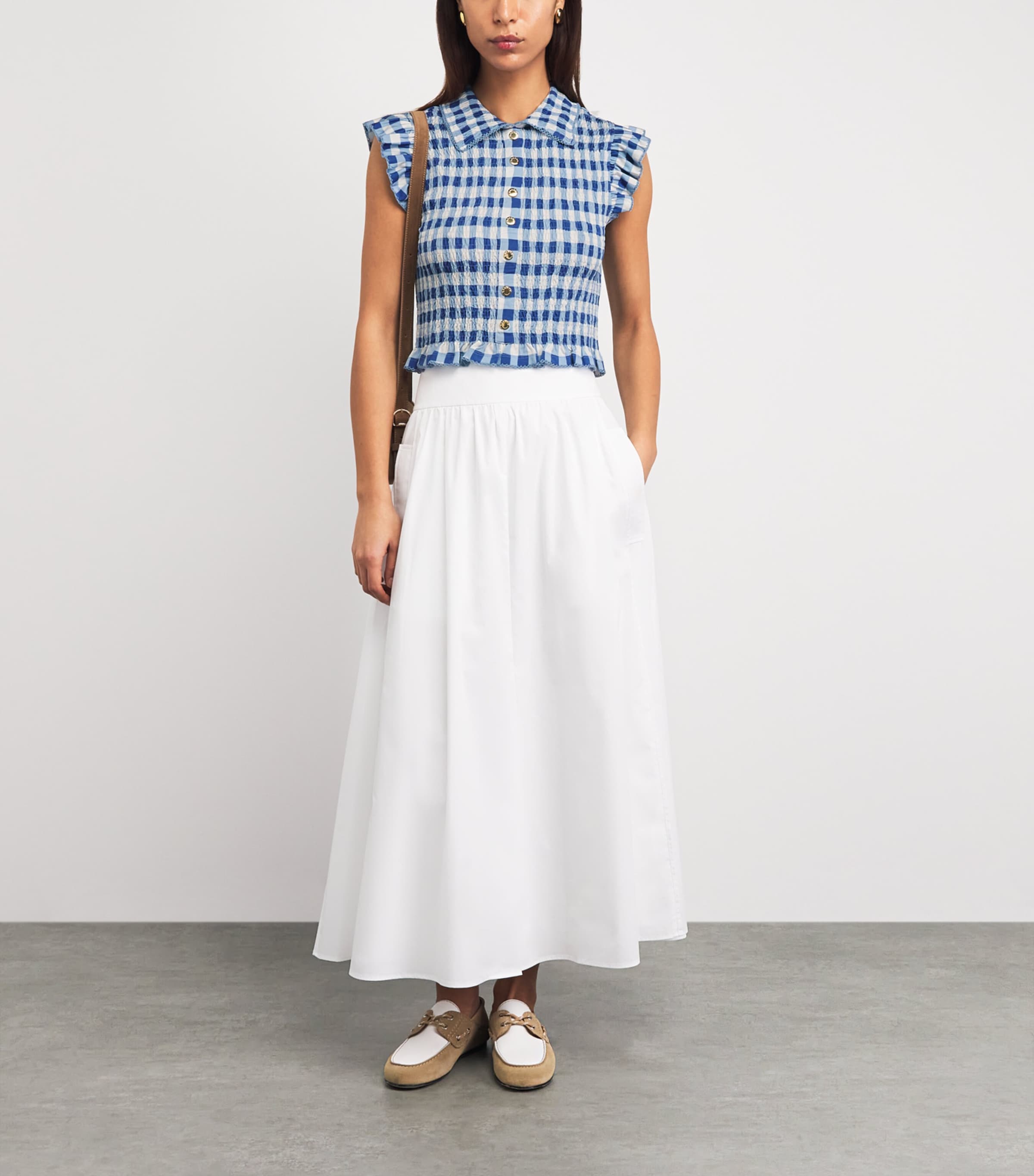 Sandro Paris Womens Gingham Smocked Top Blu / White Image 2