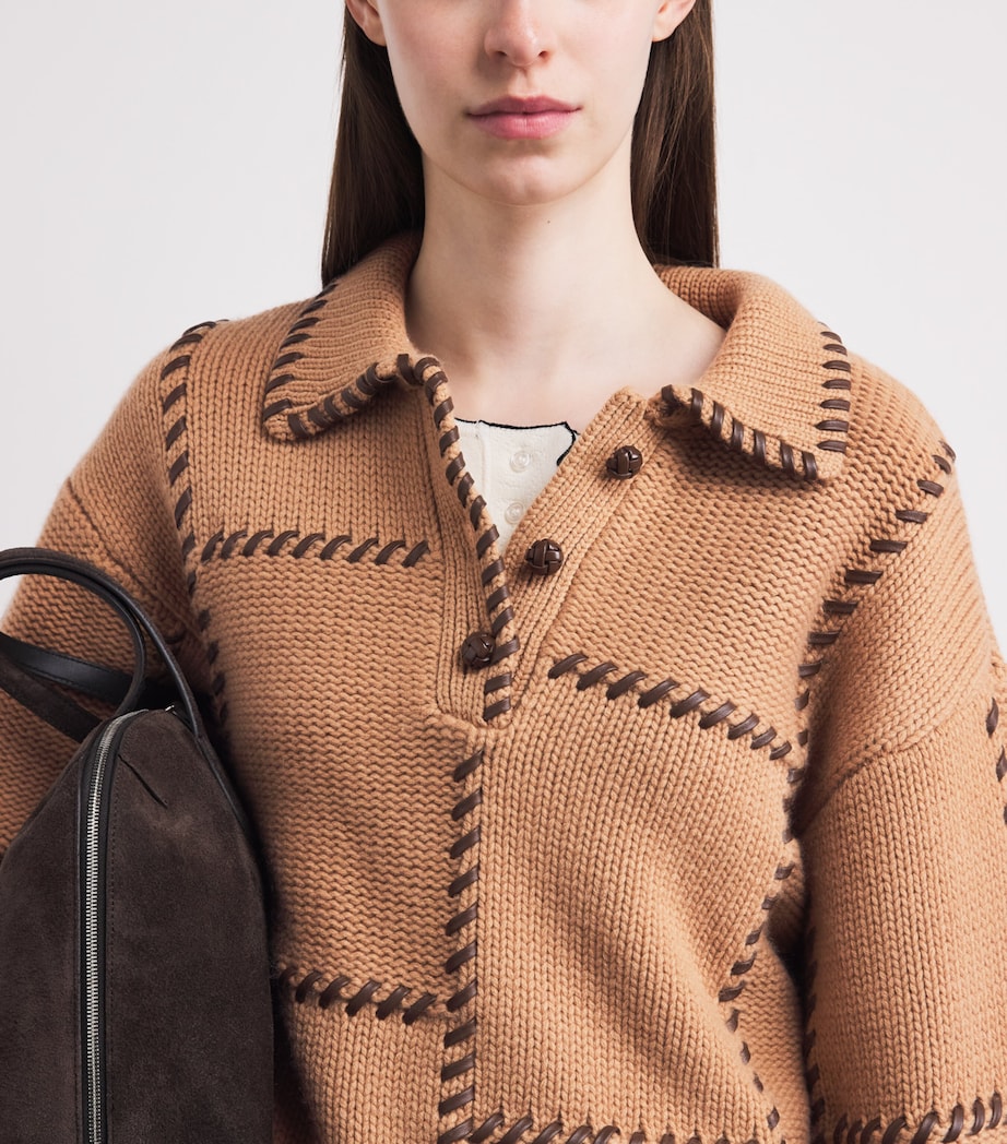 FRAME Womens Wool-Cashmere Leather-Stitch Sweater Caml Camel Image 3