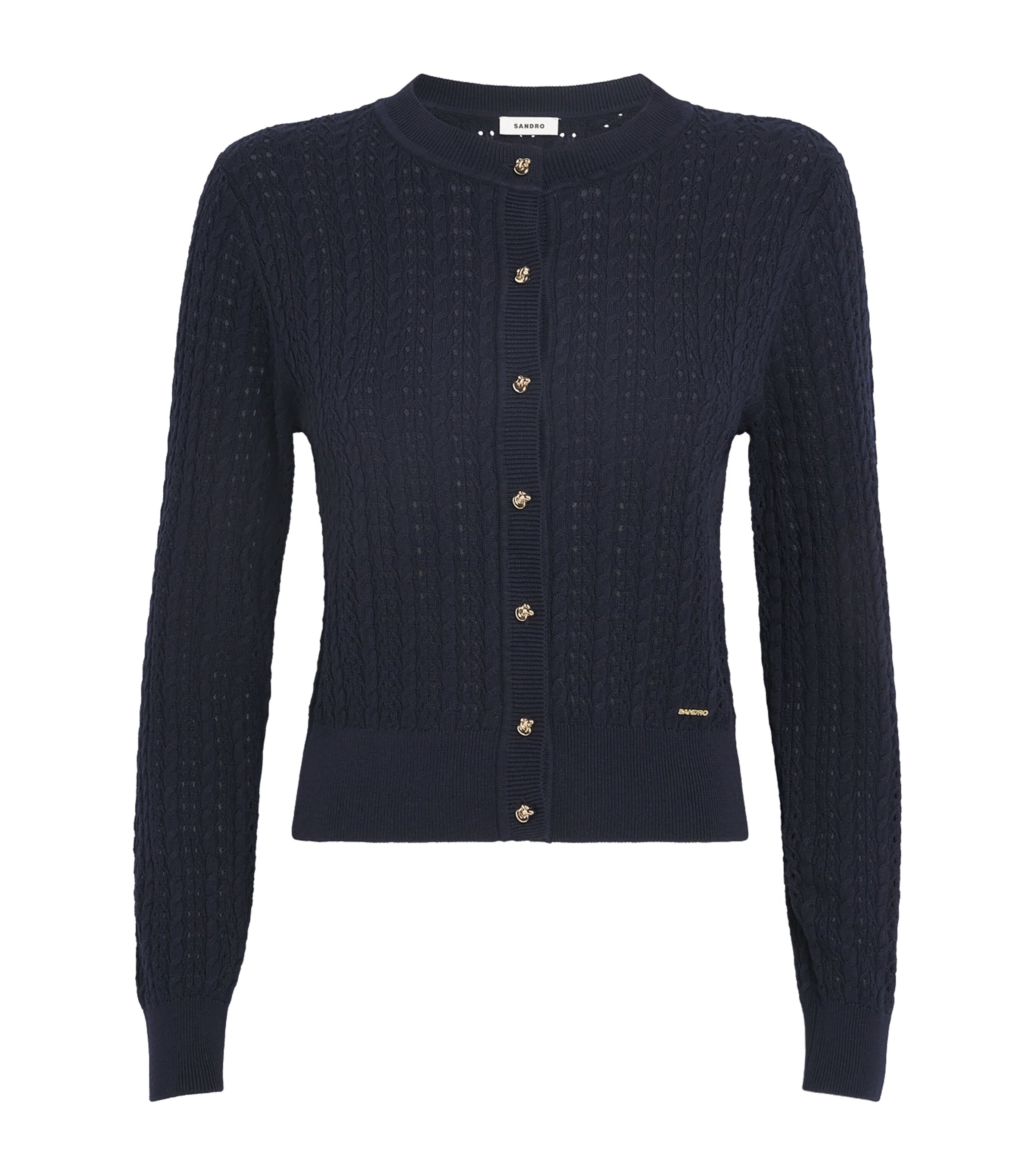 Sandro Paris Womens Cropped Openwork Cardigan Navy Blue Image 1