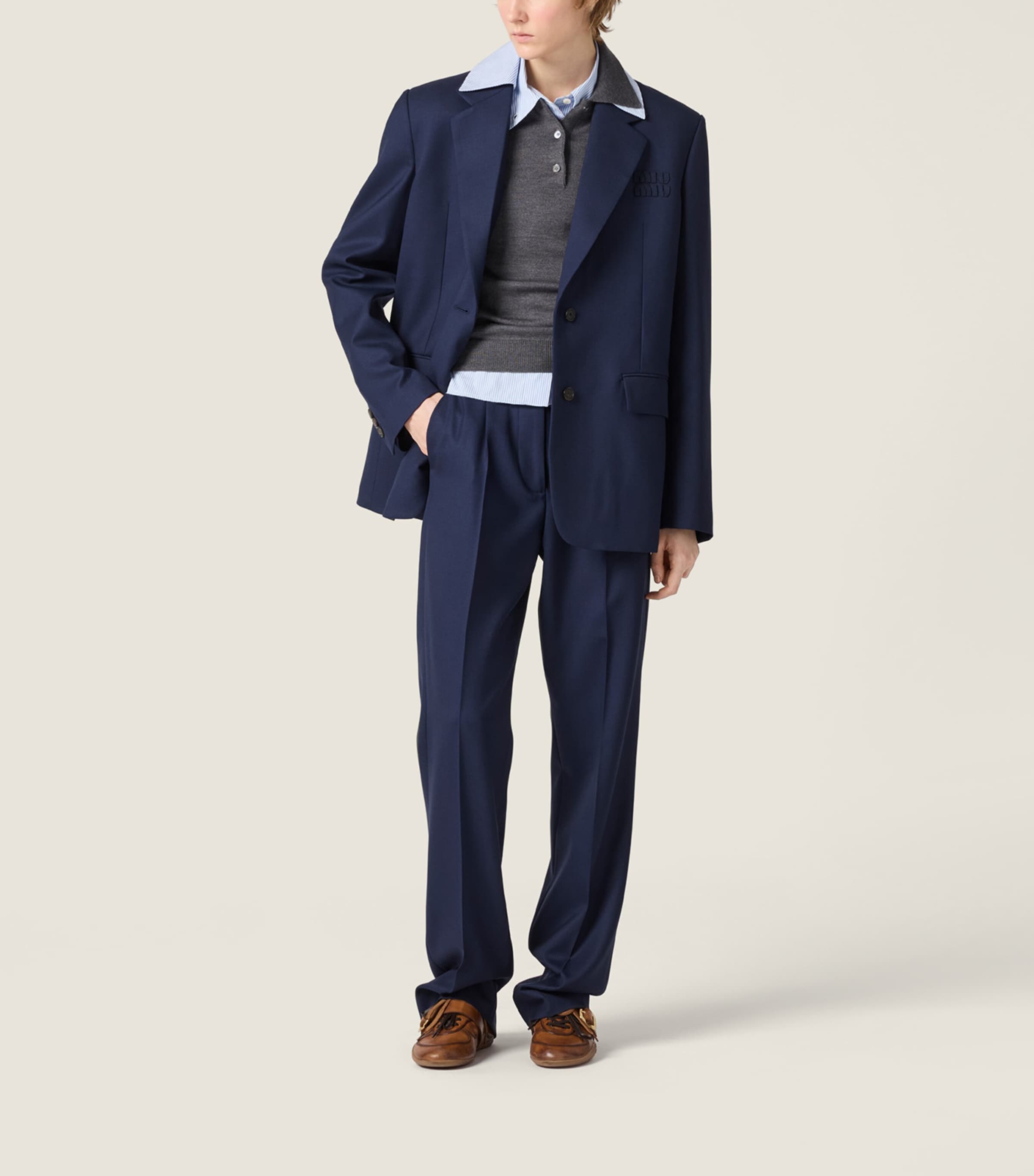 Miu Miu Womens Fleece Wool Straight Trousers Blue Image 2