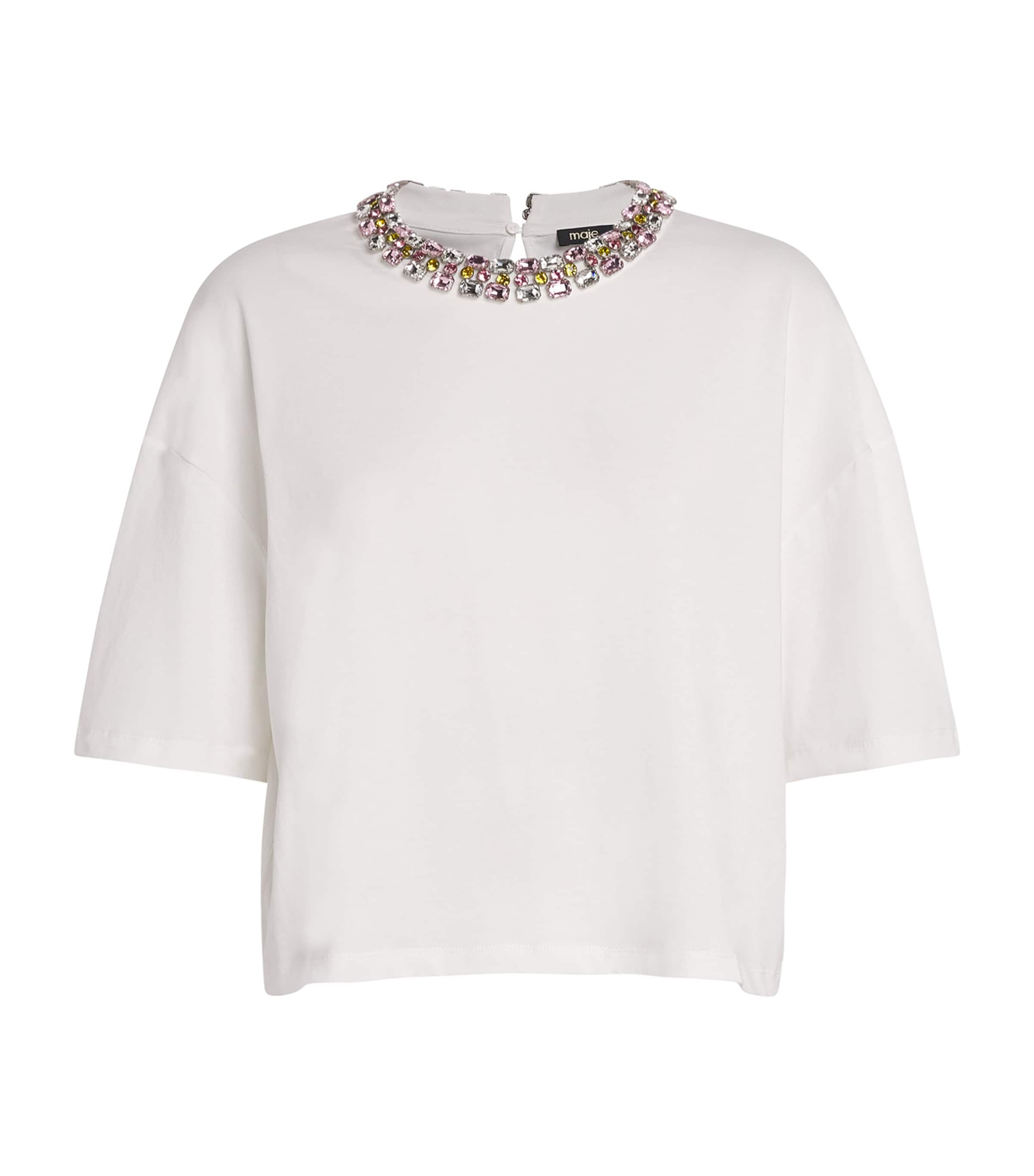 Maje Cotton Embellished-neck T-shirt In White