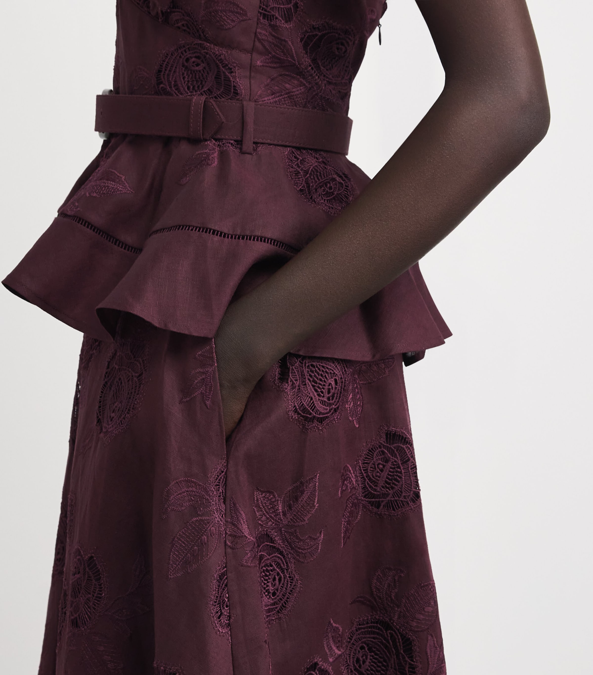 Self-Portrait Womens Linen-Cotton Embroidered Midi Dress Burgundy Image 5