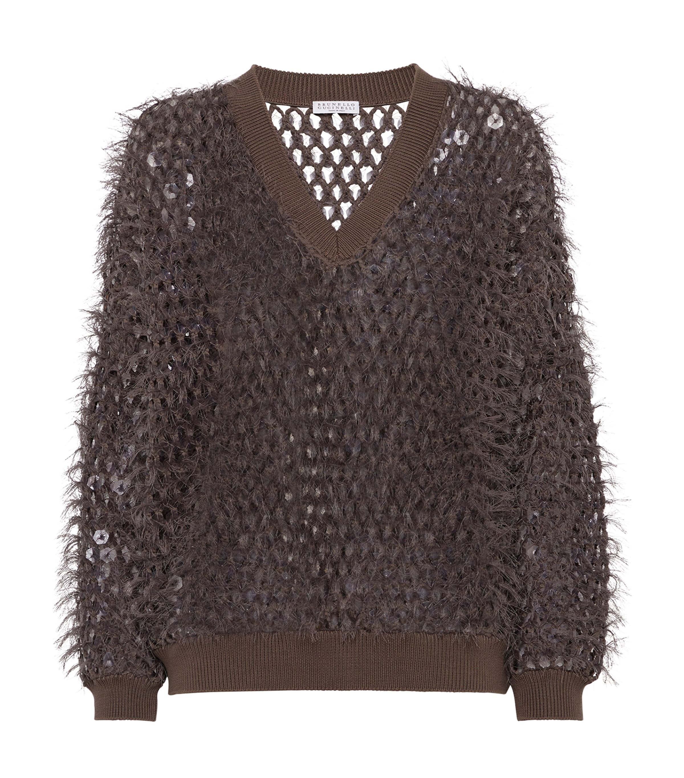 Brunello Cucinelli Chocolate Mesh Top With Sequins In Brown